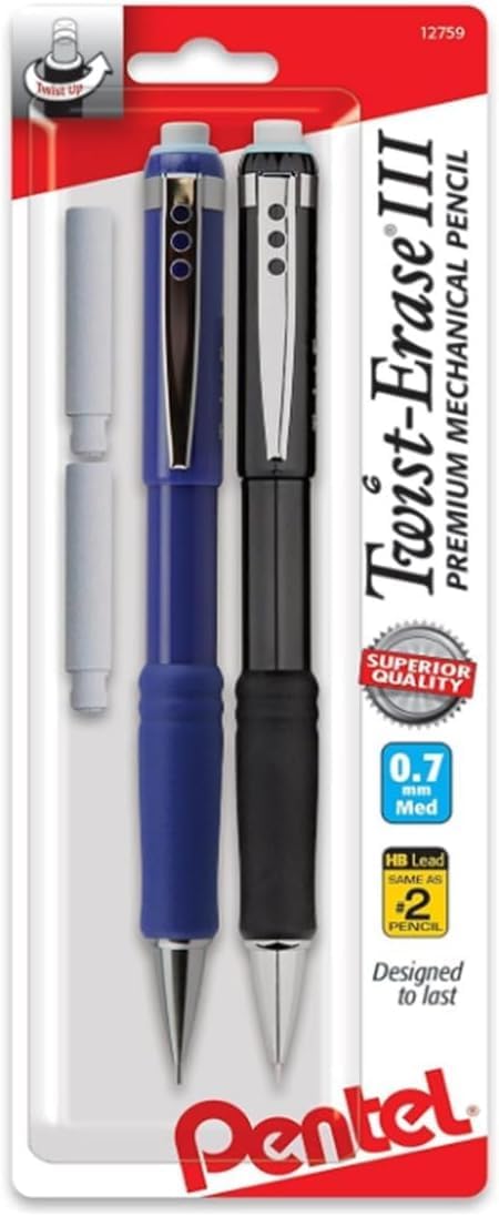Pentel® Twist-Erase® III Mechanical Pencils, 0.7mm, Assorted Barrel Colors, Pack Of 2 Pencils Pentel® Twist-Erase® III Mechanical Pencils, 0.7mm, Assorted Barrel Colors, Pack Of 2 Pencils