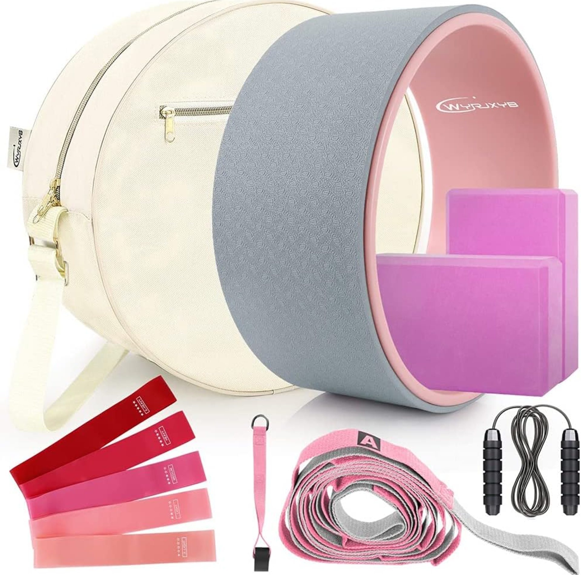 Yoga Wheel Set 11-in-1,Back Roller & 2 Blocks with Strap,Resistance Bands,Jump Rope,Carrying Bag,Perfect Yoga Back Wheel Accessory Starter Kit for Beginner, Stretching, Improving Backbends Yoga Wheel Set 11-in-1,Back Roller & 2 Blocks with Strap,Resistance Bands,Jump Rope,Carrying Bag,Perfect Yoga Back Wheel Accessory Starter Kit for Beginner, Stretching, Improving Backbends