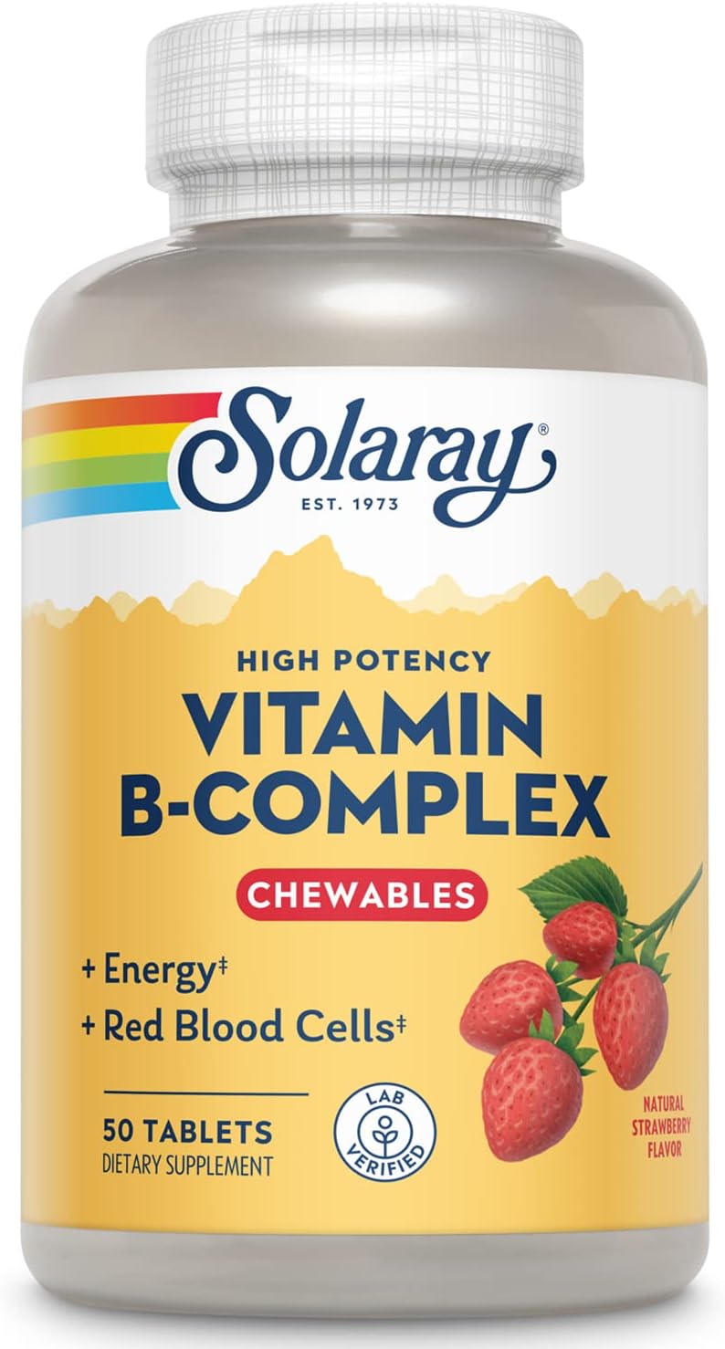 SOLARAY Vitamin B-Complex Chewables, Strawberry, Healthy Energy, Red Blood Cell, Stress & Metabolism Support, 50 Tablets SOLARAY Vitamin B-Complex Chewables, Strawberry, Healthy Energy, Red Blood Cell, Stress & Metabolism Support, 50 Tablets
