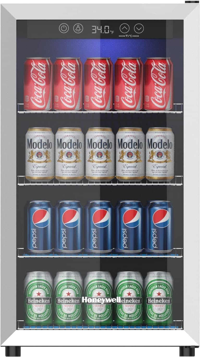 Honeywell Beverage Refrigerator and Cooler, 115 Can Mini Fridge with Glass Door for Soda Beer or Wine for Office or Bar with Adjustable Removable Shelving Honeywell Beverage Refrigerator and Cooler, 115 Can Mini Fridge with Glass Door for Soda Beer or Wine for Office or Bar with Adjustable Removable Shelving