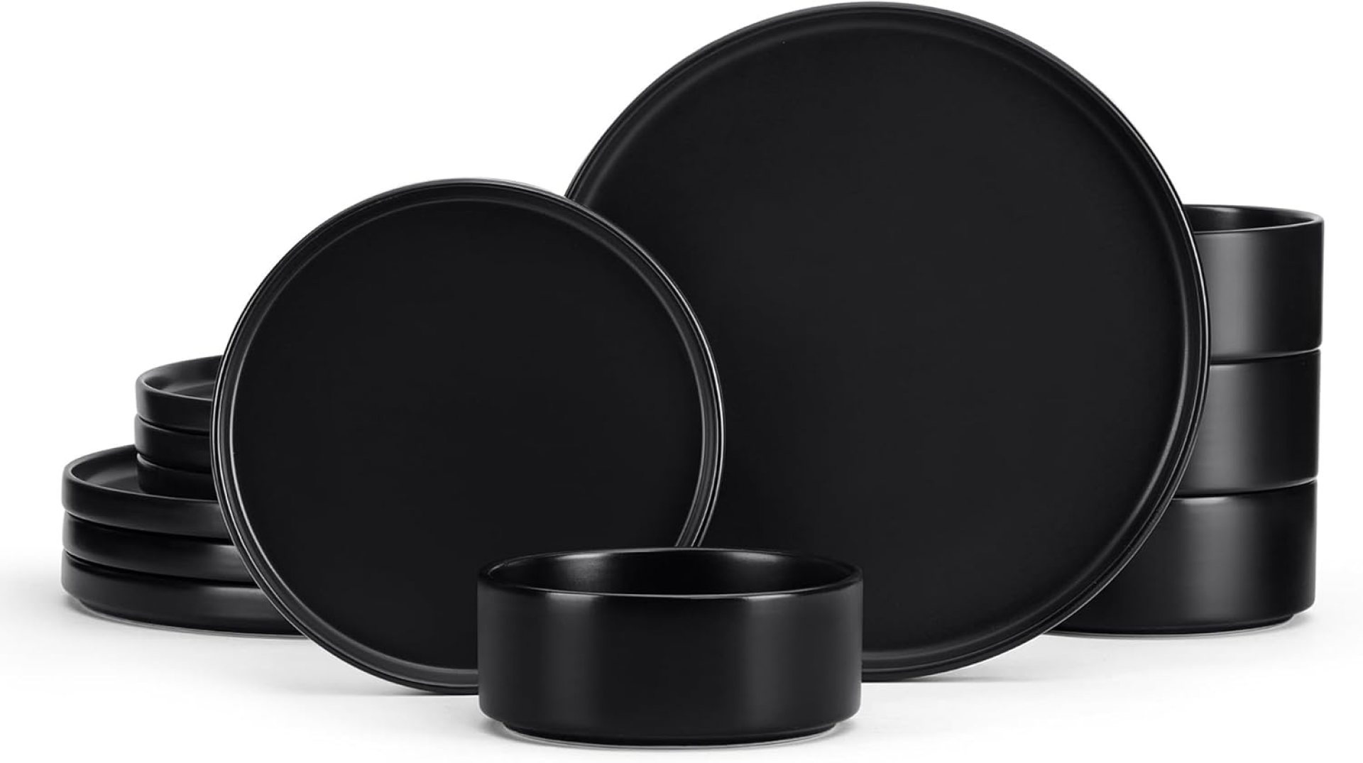 E-far Stoneware Dinnerware Sets, 12-Piece Plates and Bowls Dish Set for 4, Kitchen Modern Dinning Ware, Chip and Scratch Resistant, Microwave & Dishwasher Safe, Matte Black E-far Stoneware Dinnerware Sets, 12-Piece Plates and Bowls Dish Set for 4, Kitchen Modern Dinning Ware, Chip and Scratch Resistant, Microwave & Dishwasher Safe, Matte Black