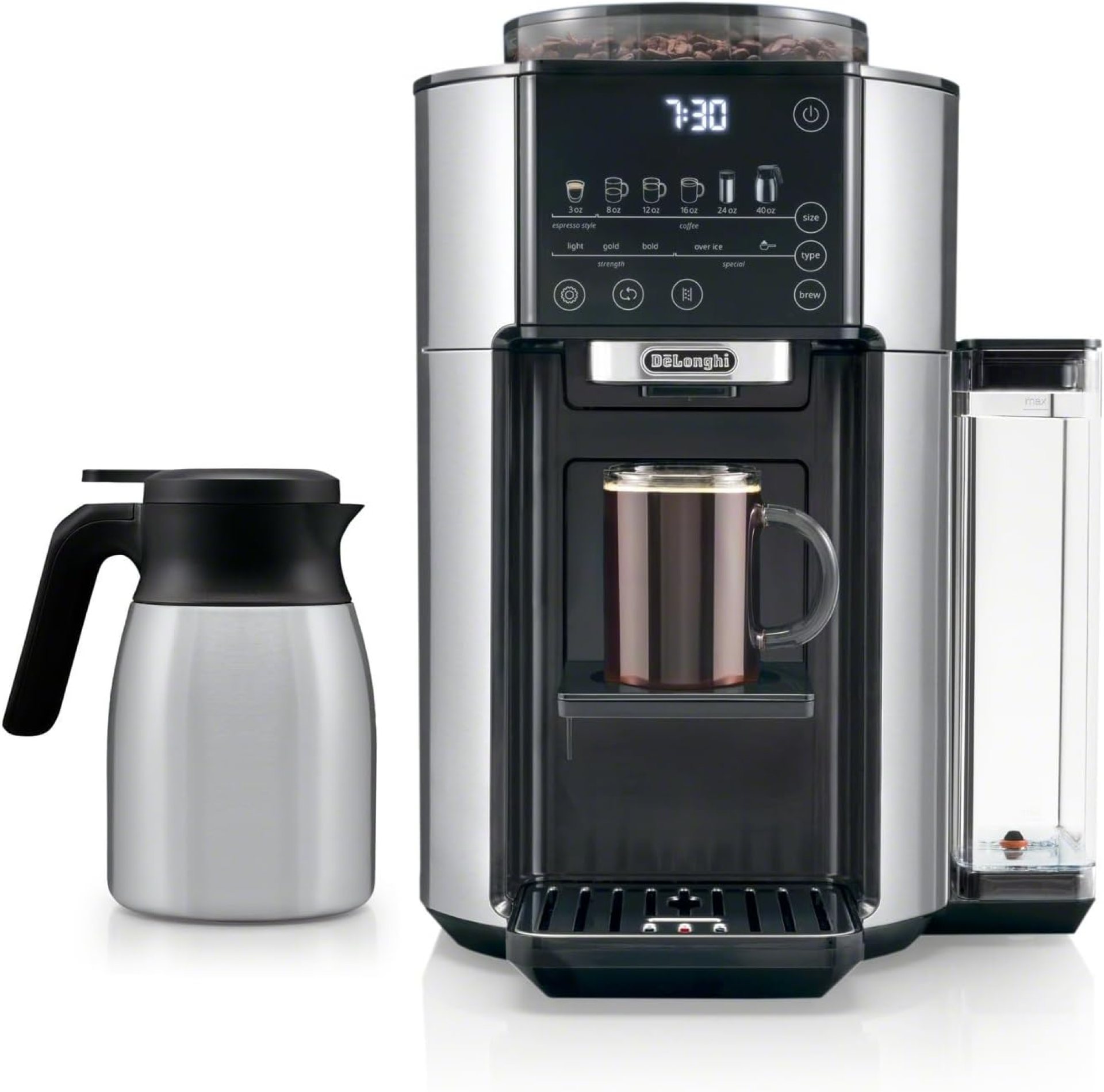 De’Longhi TrueBrew Drip Coffee Maker, Built in Grinder, Single Serve, 8 oz to 24 oz with 40 oz Carafe, Hot or Iced Coffee, Stainless,CAM51035M De’Longhi TrueBrew Drip Coffee Maker, Built in Grinder, Single Serve, 8 oz to 24 oz with 40 oz Carafe, Hot or Iced Coffee, Stainless,CAM51035M
