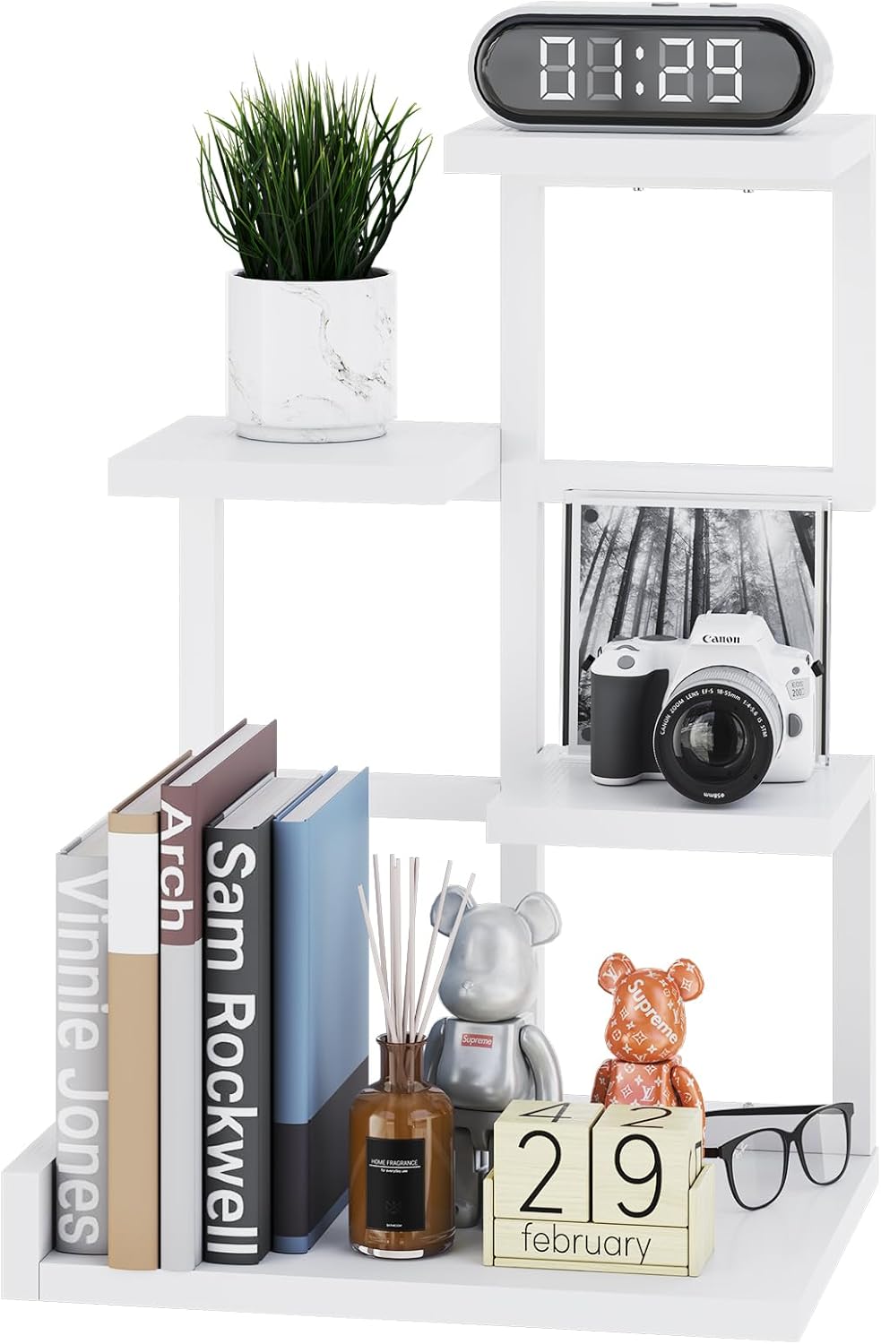YMYNY Desktop Shelf Organizer, 4 Tier Storage Display Rack, Desk Shelf Organizer Small Bookshelf with Metal Frame for Office, Books, Plants, 12.2″ x 9.45″ x 17.52″, White UHSR007W YMYNY Desktop Shelf Organizer, 4 Tier Storage Display Rack, Desk Shelf Organizer Small Bookshelf with Metal Frame for Office, Books, Plants, 12.2″ x 9.45″ x 17.52″, White UHSR007W
