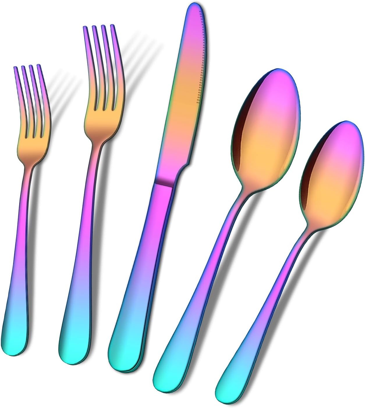 20 Piece Rainbow Silverware Set, ENLOY Colorful Stainless Steel Flatware Cutlery Set, Kitchen Utensil Set Service for 4, Include Forks Spoons Knives, Reusable, Mirror Polished, Dishwasher Safe 20 Piece Rainbow Silverware Set, ENLOY Colorful Stainless Steel Flatware Cutlery Set, Kitchen Utensil Set Service for 4, Include Forks Spoons Knives, Reusable, Mirror Polished, Dishwasher Safe