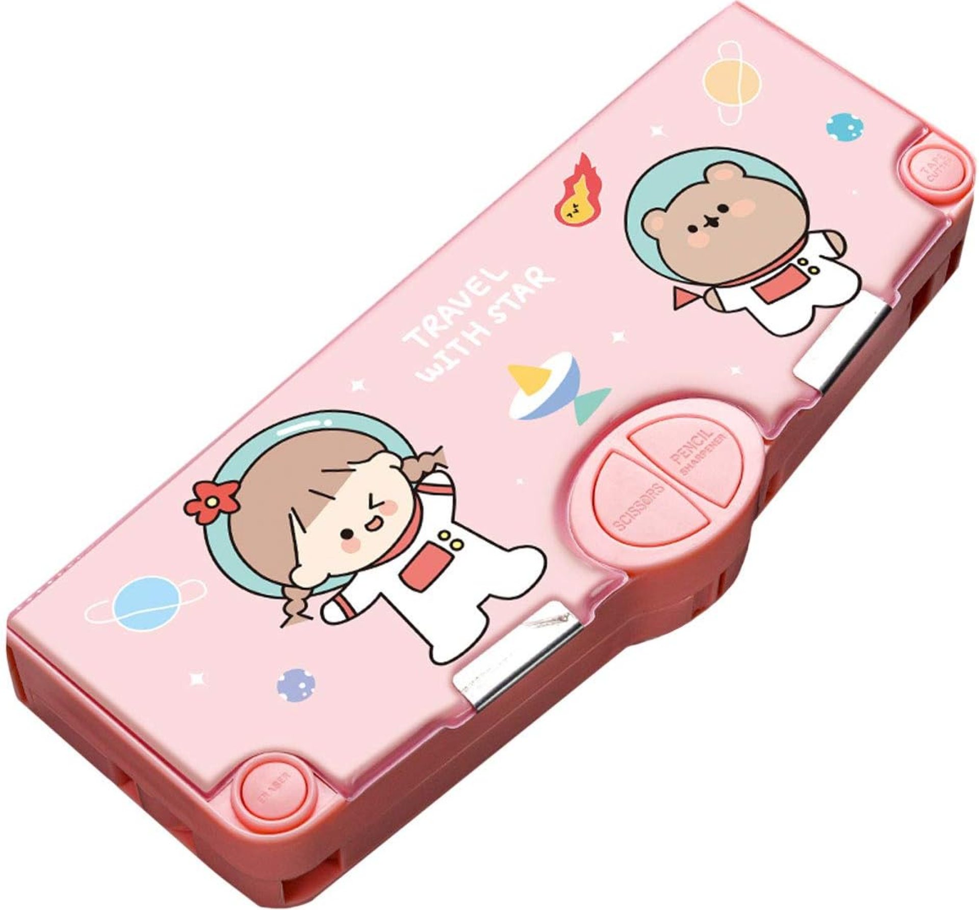 Multifunction Pencil Case, Pencil Box with 2 Compartments for Students – Cartoon Pattern Stationery Set with Pop Out Scissors and Pencil Sharpener Multifunction Pencil Case, Pencil Box with 2 Compartments for Students – Cartoon Pattern Stationery Set with Pop Out Scissors and Pencil Sharpener