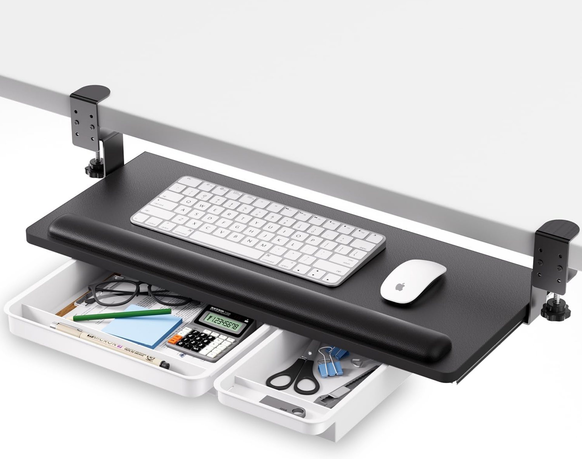 Keyboard Tray Under Desk with a Soft Wrist Rest,Under Desk Keyboard Tray Slide Out with 2 Storage Drawers,C Clamp-on Mount Ergonomic Keyboard Tray for Home and Office,26.5″x11.6″ Keyboard Tray Under Desk with a Soft Wrist Rest,Under Desk Keyboard Tray Slide Out with 2 Storage Drawers,C Clamp-on Mount Ergonomic Keyboard Tray for Home and Office,26.5″x11.6″