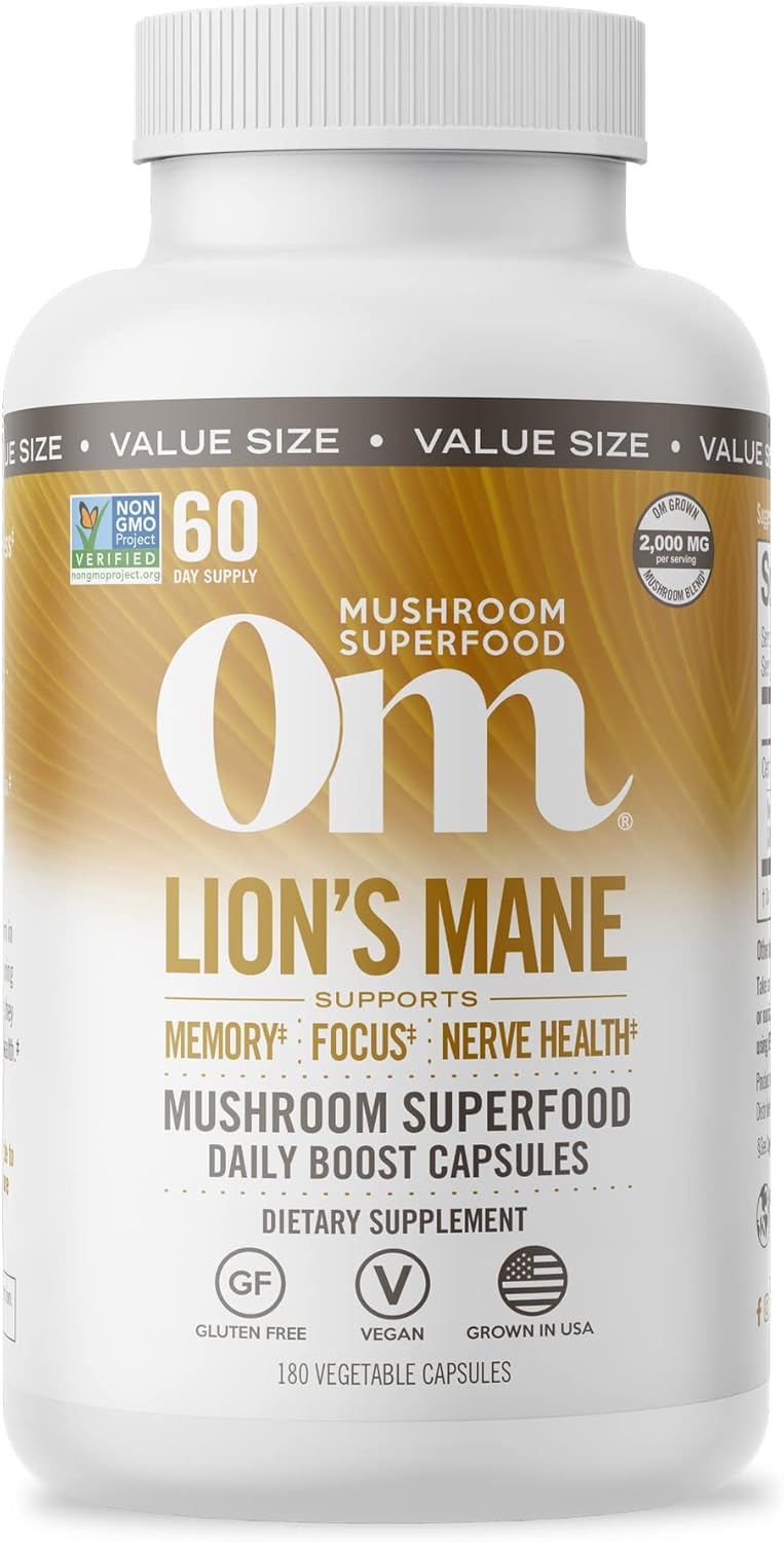 OM MUSHROOM SUPERFOOD Lion’s Mane Mushroom Capsules Superfood Supplement, 180 Count, 60 Days, Fruit Body and Mycelium Nootropic for Memory Support, Focus, Clarity, Nerve Health, Creativity and Mood OM MUSHROOM SUPERFOOD Lion’s Mane Mushroom Capsules Superfood Supplement, 180 Count, 60 Days, Fruit Body and Mycelium Nootropic for Memory Support, Focus, Clarity, Nerve Health, Creativity and Mood