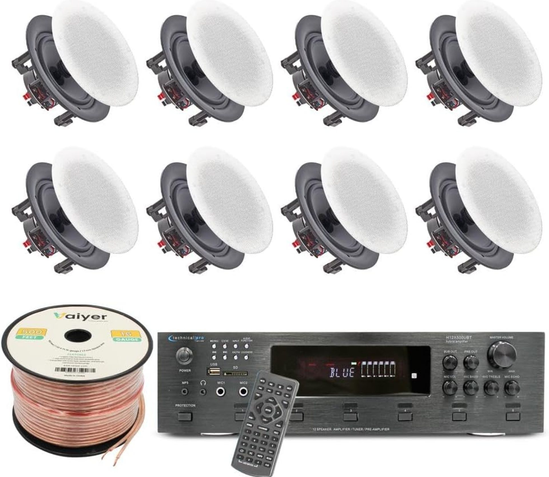 Vaiyer Home Audio System Kit, 6-Channel 6000 Watts Bluetooth Amplifier with 6.5″ 8 QTY of 200 W Each Frameless in-Wall in-Ceiling Speakers & 16 AWG 500 ft. Speaker Wire – Perfect for Home, Office, Bar Vaiyer Home Audio System Kit, 6-Channel 6000 Watts Bluetooth Amplifier with 6.5″ 8 QTY of 200 W Each Frameless in-Wall in-Ceiling Speakers & 16 AWG 500 ft. Speaker Wire – Perfect for Home, Office, Bar