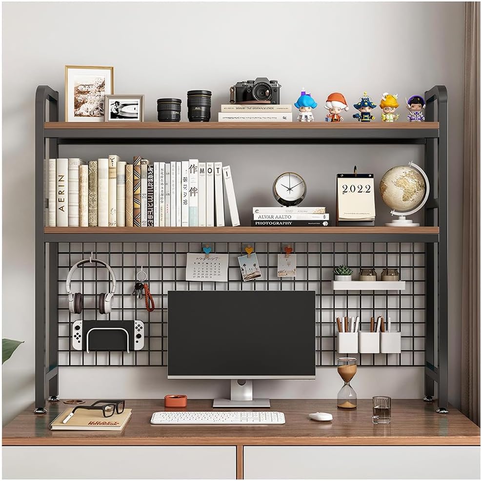 Desktop Hutch Bookshelf, 2-Tier Metal Desk Shelf with Grid Panel, Wooden Desktop Display Rack for Computer Monitor, Countertop Storage Organizer for Office Home Dorm (Black) Desktop Hutch Bookshelf, 2-Tier Metal Desk Shelf with Grid Panel, Wooden Desktop Display Rack for Computer Monitor, Countertop Storage Organizer for Office Home Dorm (Black)