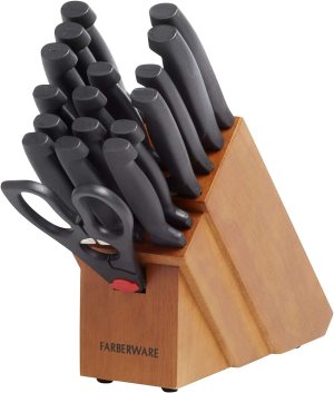 Farberware Never Needs Sharpening High-Carbon Stainless Steel Knife Block Set with Non-Slip Handles, 18 Piece, Black