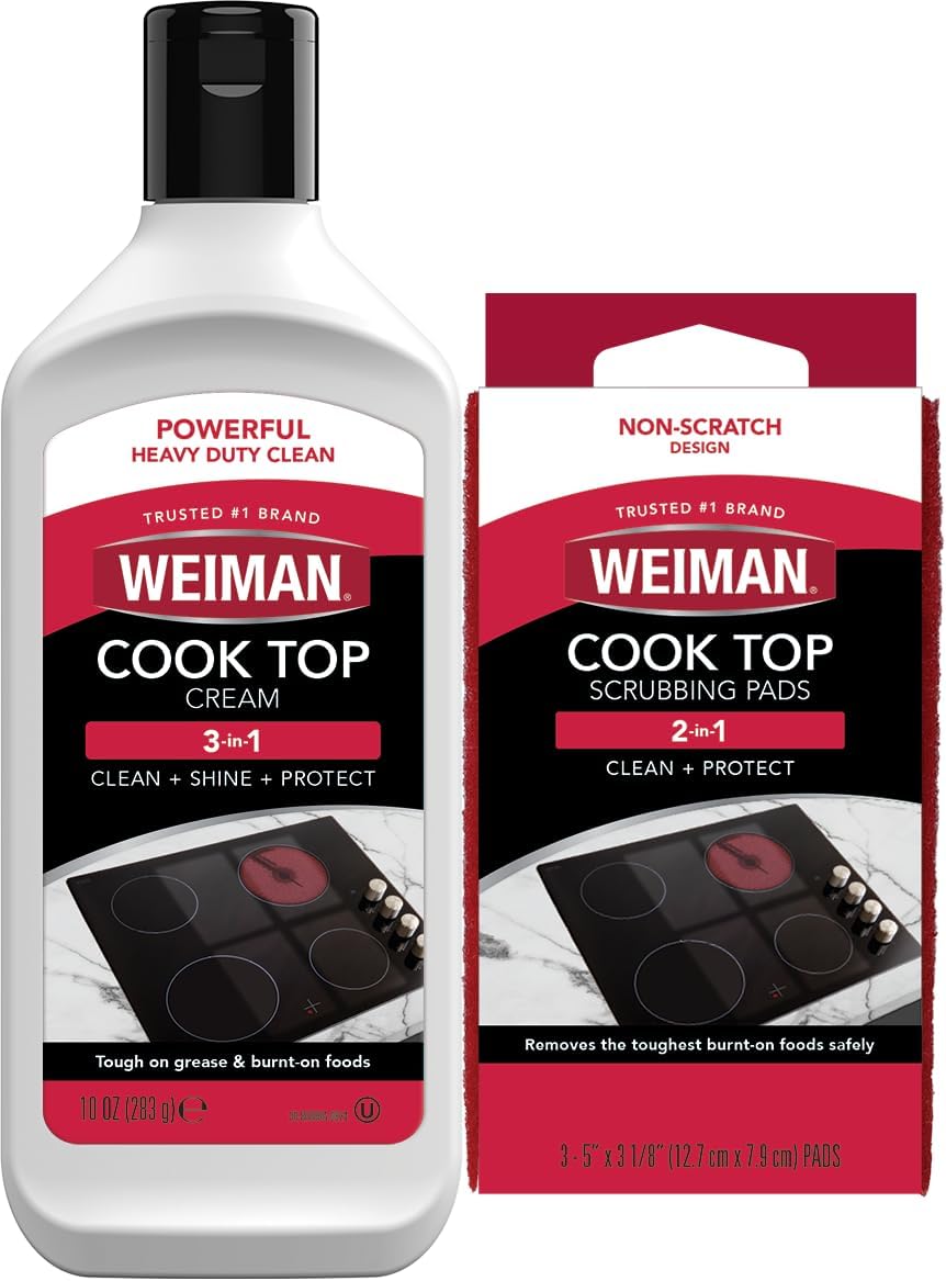 Weiman Ceramic and Glass Cooktop Cleaner – Heavy Duty Cleaner and Polish (10 Ounce Bottle and 3 Scrubbing Pads) Weiman Ceramic and Glass Cooktop Cleaner – Heavy Duty Cleaner and Polish (10 Ounce Bottle and 3 Scrubbing Pads)