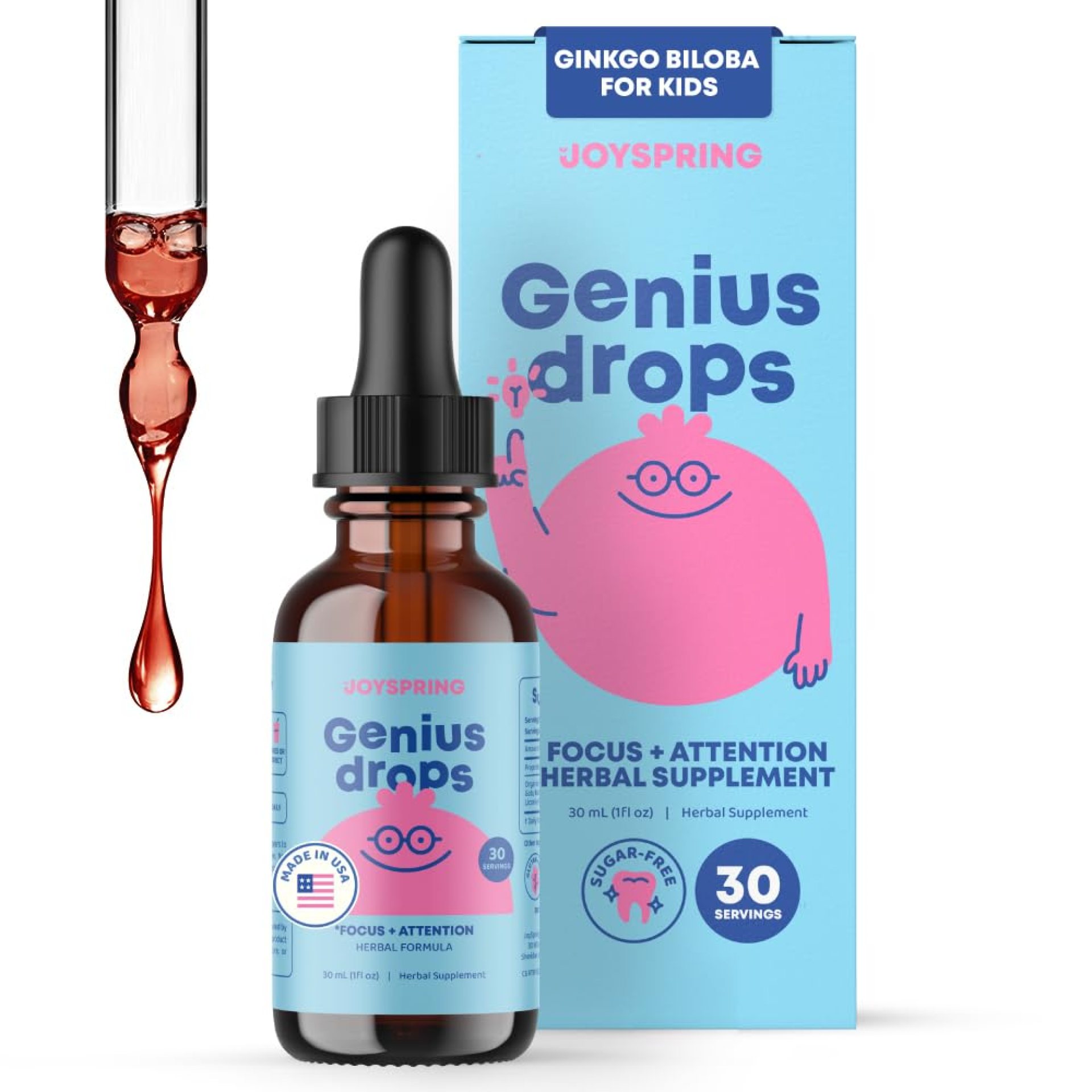 JoySpring Genius Drops for Kids | Clinically Proven Focus Supplement | Liquid Herbal Focus Supplement with Ginkgo Biloba for Kids (1 fl oz) 30 Servings JoySpring Genius Drops for Kids | Clinically Proven Focus Supplement | Liquid Herbal Focus Supplement with Ginkgo Biloba for Kids (1 fl oz) 30 Servings