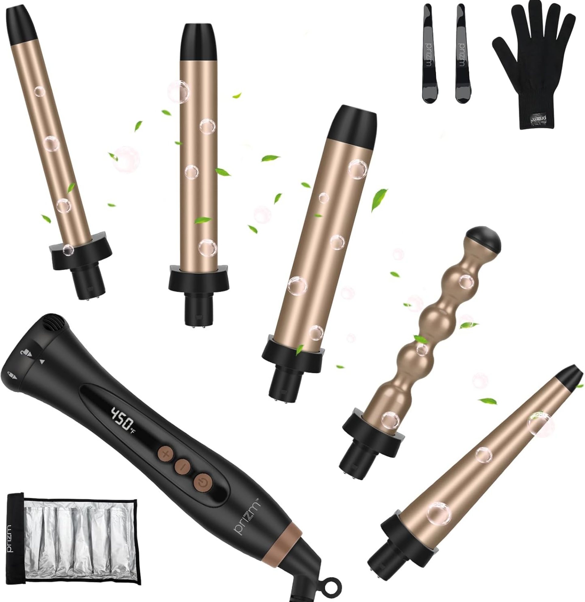 Prizm 5 in 1 Clampless Interchange Curling Iron Wand Set, LED Display, 11 Temp Settings, 0.6 to 1.25 Inch Tourmaline Ceramic Barrels, Hair Curler for Wavy/Bang/Ringlet/Spiral with Heat Resistant Glove Prizm 5 in 1 Clampless Interchange Curling Iron Wand Set, LED Display, 11 Temp Settings, 0.6 to 1.25 Inch Tourmaline Ceramic Barrels, Hair Curler for Wavy/Bang/Ringlet/Spiral with Heat Resistant Glove