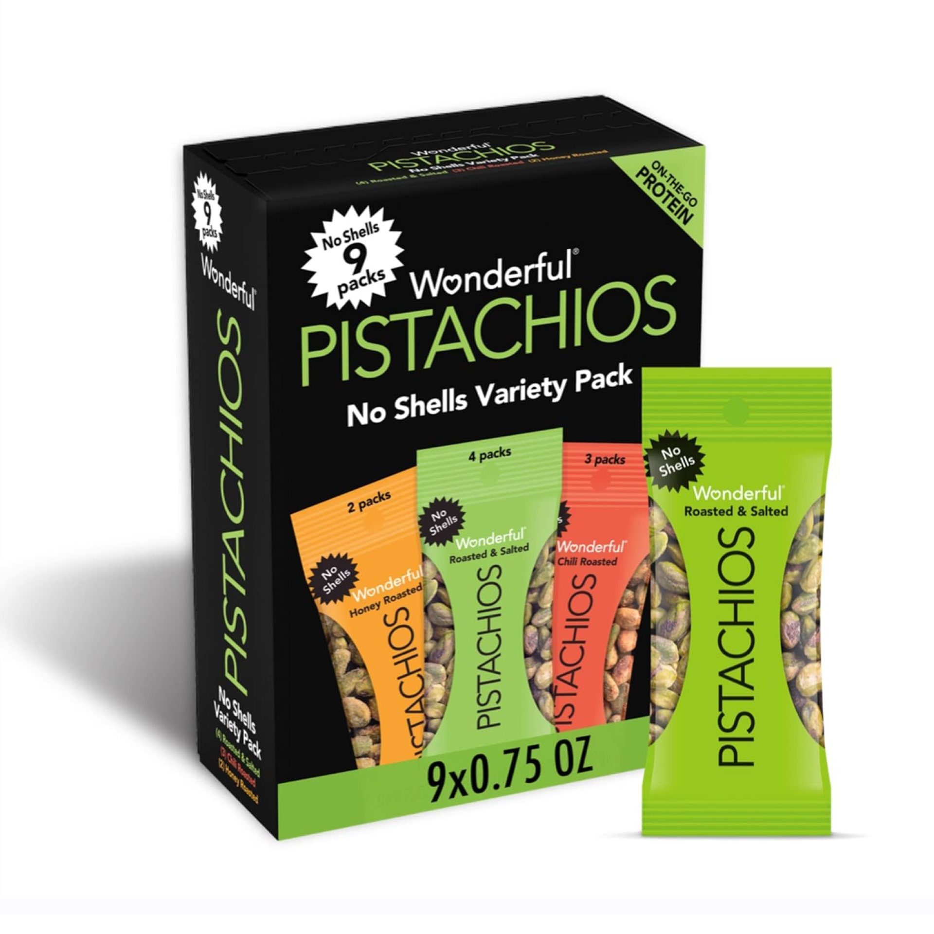 Wonderful Pistachios No Shells, 3 Flavors Mixed Variety Pack of 9 (0.75 Ounce), Roasted & Salted Nuts (4), Chili Roasted (3), Honey Roasted (2), Protein Snacks, Gluten Free, Pantry Staples, Healthy Snacks Variety Pack for Adults Wonderful Pistachios No Shells, 3 Flavors Mixed Variety Pack of 9 (0.75 Ounce), Roasted & Salted Nuts (4), Chili Roasted (3), Honey Roasted (2), Protein Snacks, Gluten Free, Pantry Staples, Healthy Snacks Variety Pack for Adults