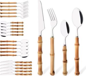Bamboo Silverware Set, 24-Piece Natural Bamboo Flatware Cutlery with Stainless Steel Silver Head, Includes Knife, Fork, Spoon for Daily Use and Party, Reusable