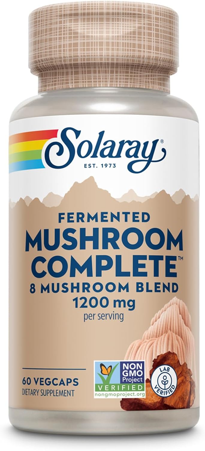 SOLARAY Fermented Mushroom Complete – Organic Chaga, Reishi, Shiitake, Cordyceps, Turkey Tail Mushroom and Lions Mane Supplement Capsules – 8 Mushroom Supplement – Non-GMO, 30 Servings, 60 VegCaps SOLARAY Fermented Mushroom Complete – Organic Chaga, Reishi, Shiitake, Cordyceps, Turkey Tail Mushroom and Lions Mane Supplement Capsules – 8 Mushroom Supplement – Non-GMO, 30 Servings, 60 VegCaps