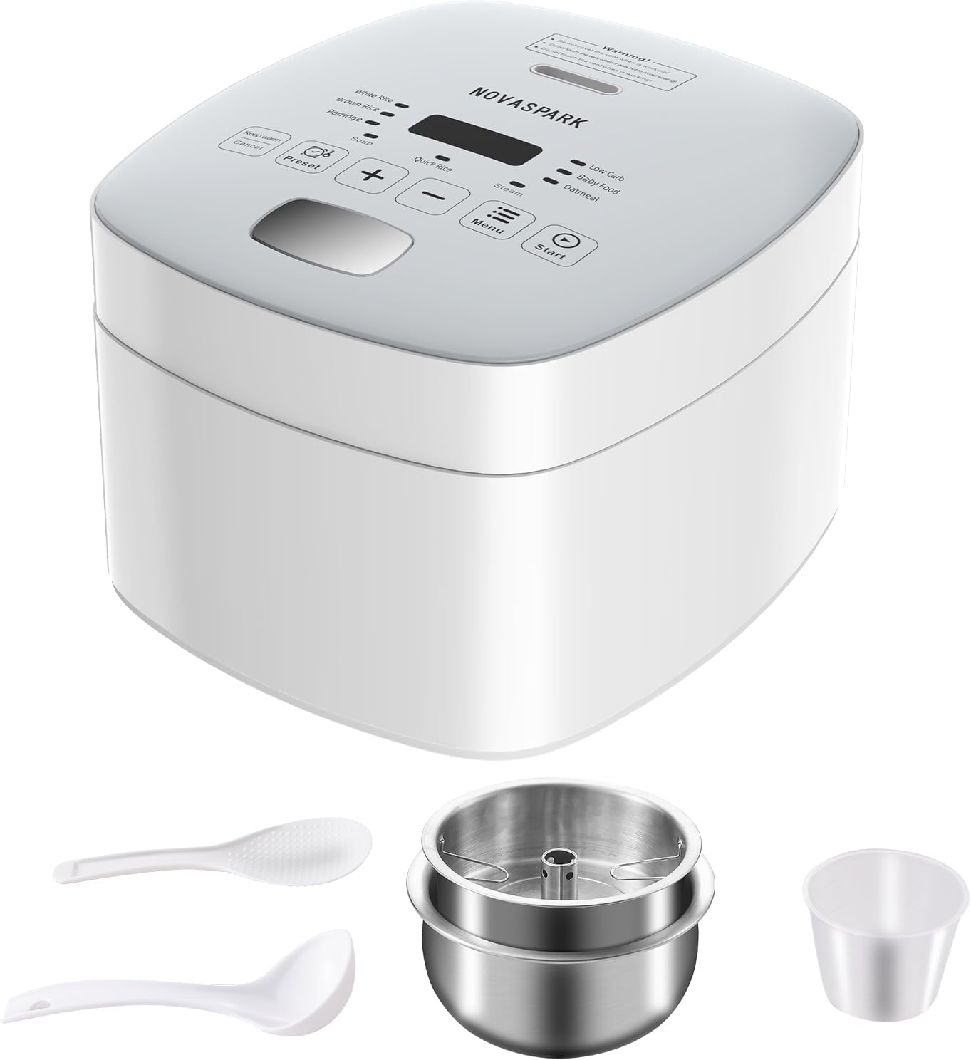 Novaspark Low Carb Rice Cooker Stainless Steel Inner Pot, Mini Stainless Steel Rice Cooker Small 5 Cup, LED Display Low Sugar Rice Maker, 24H Timer and Auto Keep Warm, White Rice/Porridge/Oatmeal, White Novaspark Low Carb Rice Cooker Stainless Steel Inner Pot, Mini Stainless Steel Rice Cooker Small 5 Cup, LED Display Low Sugar Rice Maker, 24H Timer and Auto Keep Warm, White Rice/Porridge/Oatmeal, White