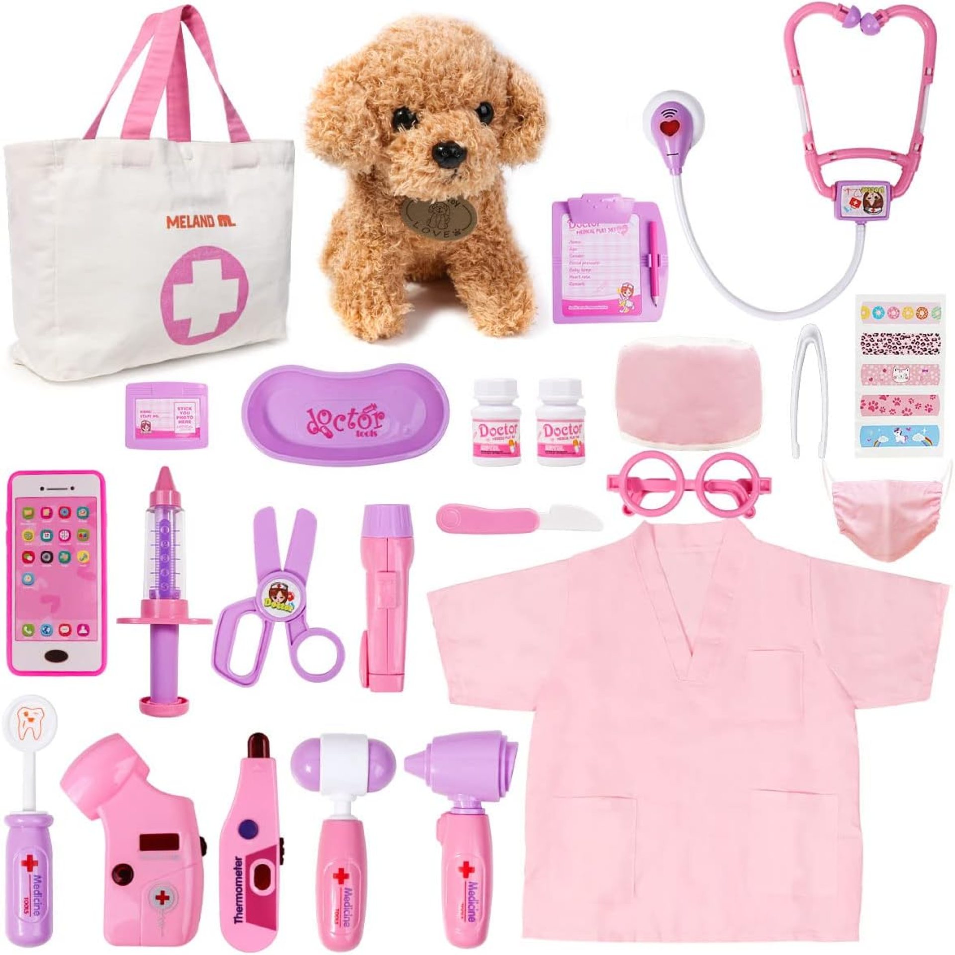 Meland Toy Doctor Kit for Girls – Pretend Play Doctor Set with Dog Toy, Carrying Bag, Stethoscope Toy & Dress Up Costume – Doctor Play Gift for Kids Toddlers Ages 3 4 5 6 Year Old for Role Play Meland Toy Doctor Kit for Girls – Pretend Play Doctor Set with Dog Toy, Carrying Bag, Stethoscope Toy & Dress Up Costume – Doctor Play Gift for Kids Toddlers Ages 3 4 5 6 Year Old for Role Play