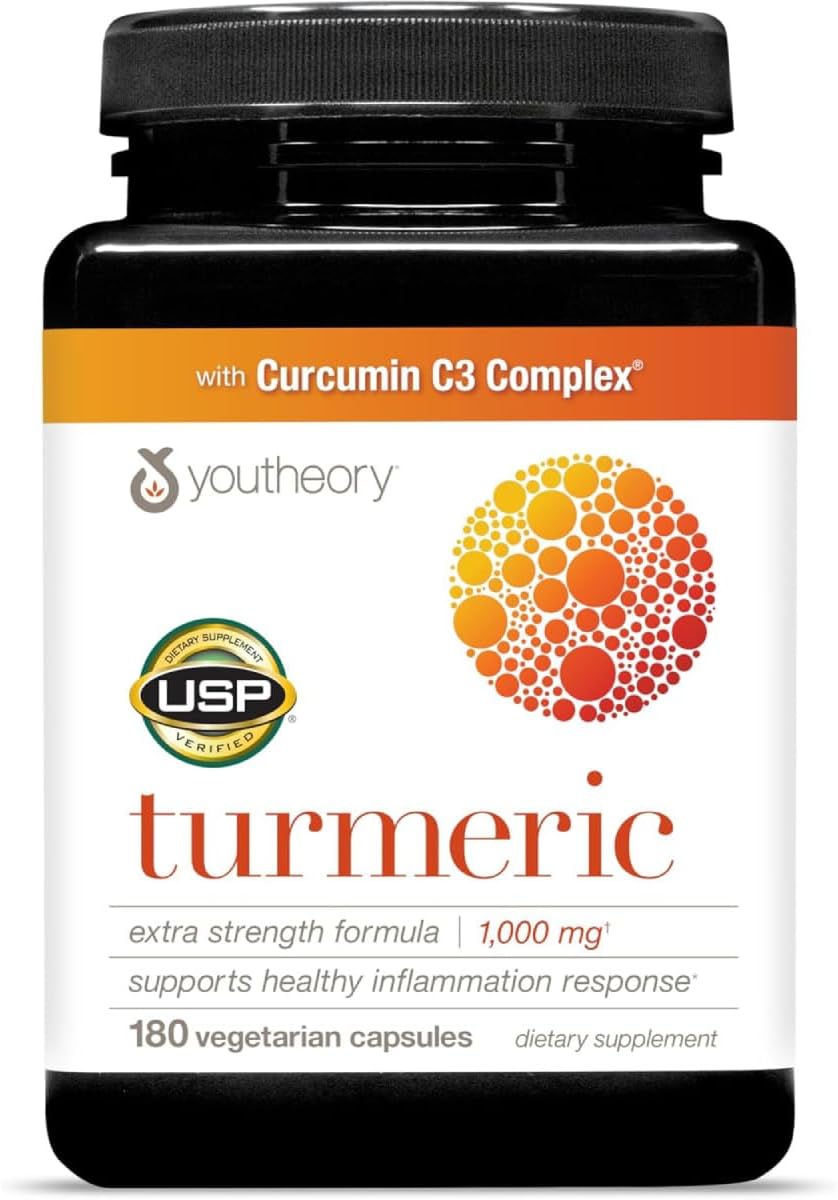 Youtheory Turmeric Extra Strength – 1,000 mg Turmeric Supplement – with 10 mg Black Pepper – Curcumin Joint Support* – Soy, Dairy & Gluten Free – 180 Vegetarian Capsules Youtheory Turmeric Extra Strength – 1,000 mg Turmeric Supplement – with 10 mg Black Pepper – Curcumin Joint Support* – Soy, Dairy & Gluten Free – 180 Vegetarian Capsules