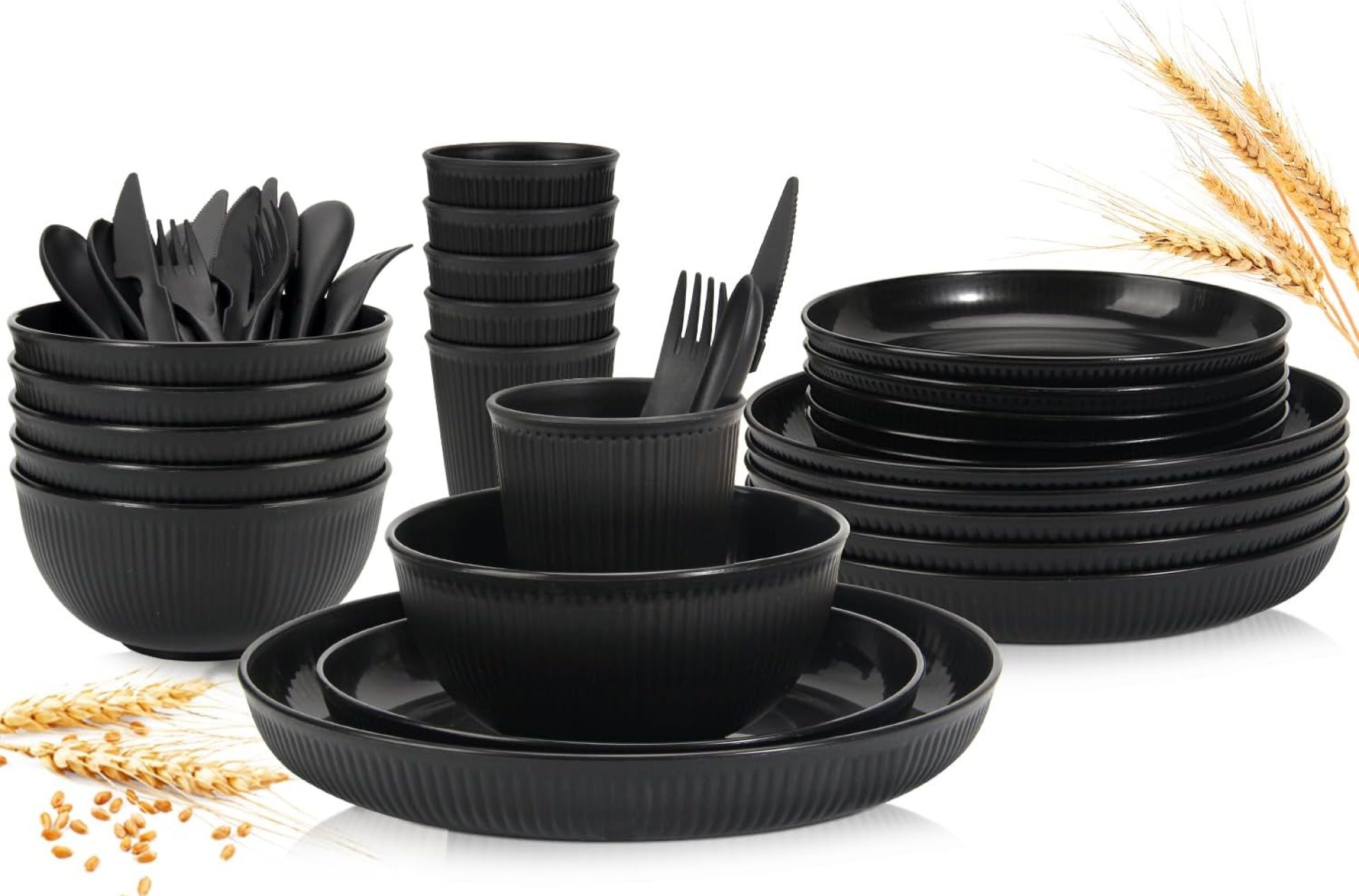 OAMCEG Wheat Straw Dinnerware Set | 30 pcs Plates and Bowls Sets for Kitchen & Camping | Wheatstraw Dinnerware Set Black dish set for 6 (Includes Dinner Plates, Bowls, Cups & Cutlery) OAMCEG Wheat Straw Dinnerware Set | 30 pcs Plates and Bowls Sets for Kitchen & Camping | Wheatstraw Dinnerware Set Black dish set for 6 (Includes Dinner Plates, Bowls, Cups & Cutlery)