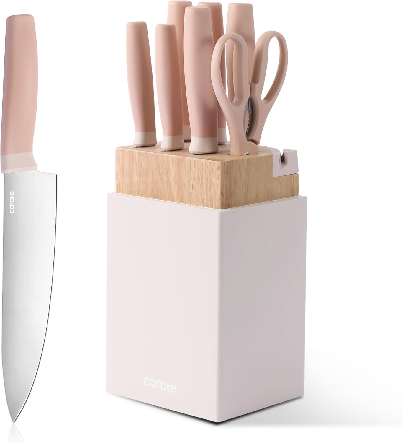 CAROTE 9 Pieces Kitchen Knife Block Set with Sharpener, Dishwasher Safe Knives for Kitchen, Forged Cutlery with Razor-Sharp Stainless Steel Blades, Pink CAROTE 9 Pieces Kitchen Knife Block Set with Sharpener, Dishwasher Safe Knives for Kitchen, Forged Cutlery with Razor-Sharp Stainless Steel Blades, Pink