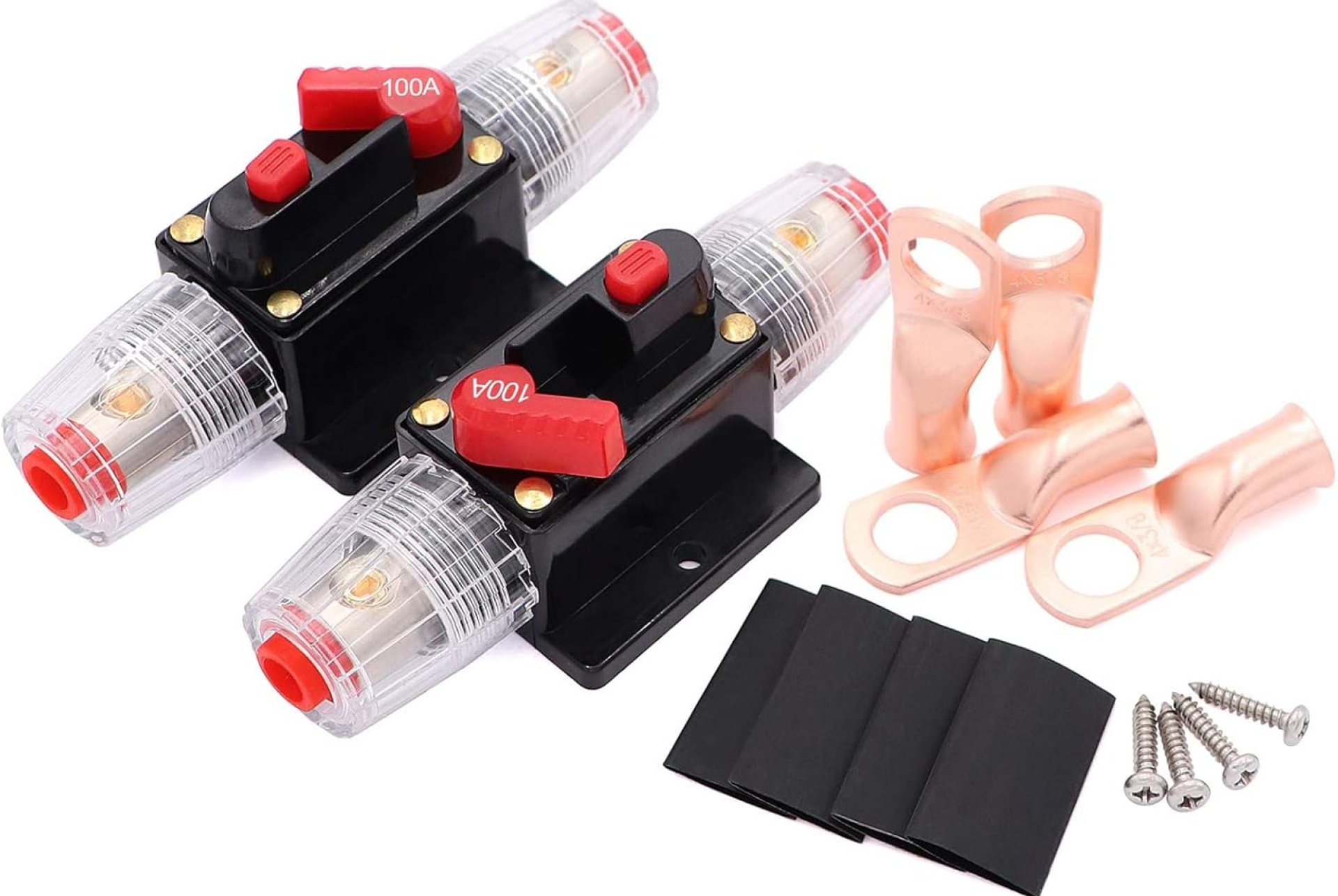 2 Pack 100amp 12 Volt Circuit Breaker with Manual Reset,Inline Fuse Holder 100A 0-8Awg for Car Audio,Marine Boat,Stereo Switch and Solar Inverter System,with Wire Lugs and Heat Shrink Tube 2 Pack 100amp 12 Volt Circuit Breaker with Manual Reset,Inline Fuse Holder 100A 0-8Awg for Car Audio,Marine Boat,Stereo Switch and Solar Inverter System,with Wire Lugs and Heat Shrink Tube