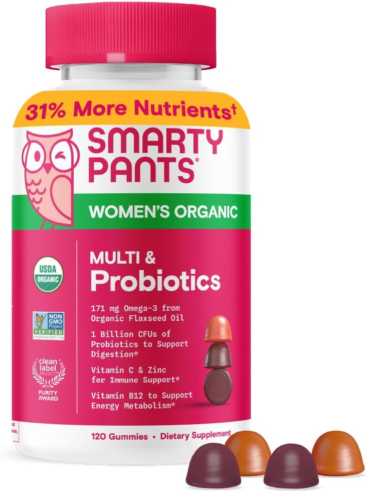 SmartyPants Organic Women’s Multivitamin Gummies: Biotin, Probiotics, Methylfolate, Omega 3 (ALA), Vitamin D3, C, Vitamin B12, B6, A, K & Zinc, Inositol, Gluten Free, 120 Count (30 Day Supply) SmartyPants Organic Women’s Multivitamin Gummies: Biotin, Probiotics, Methylfolate, Omega 3 (ALA), Vitamin D3, C, Vitamin B12, B6, A, K & Zinc, Inositol, Gluten Free, 120 Count (30 Day Supply)