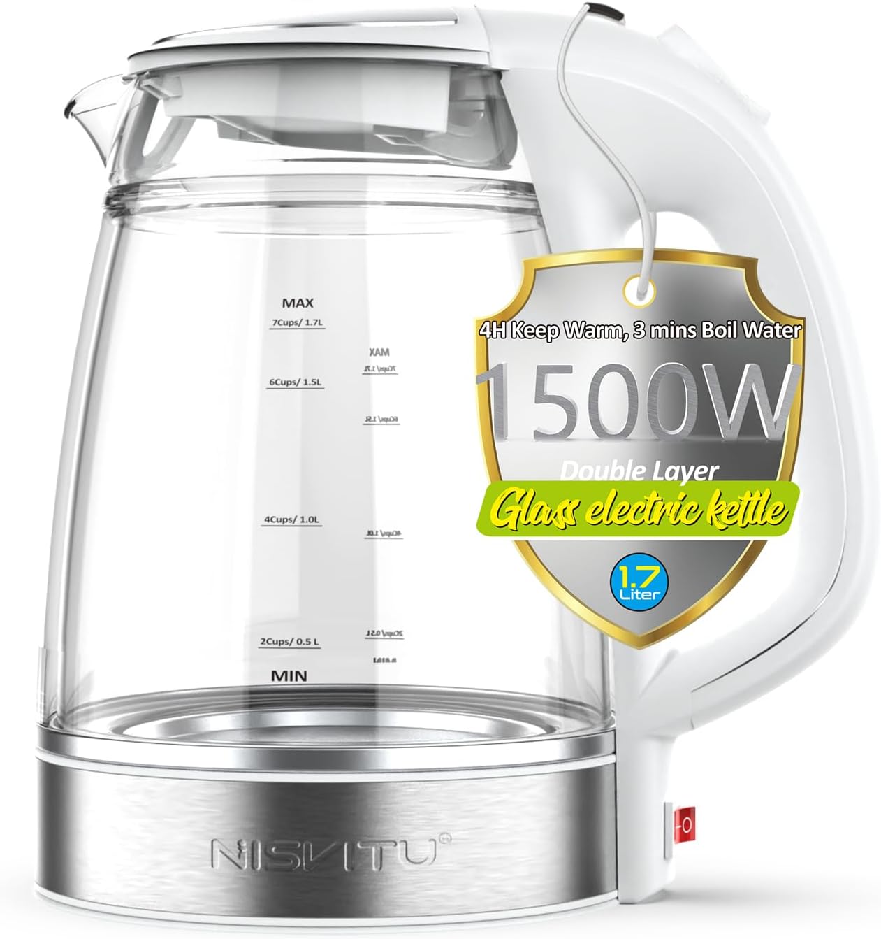 Double Glass Stainless Steel Cordless Electric kettle for boiling water, Hot water boiler Electric Tea Kettle automatic shut off Boil-Dry Protection Anti-Scald 1.7L 1500W, White Double Glass Stainless Steel Cordless Electric kettle for boiling water, Hot water boiler Electric Tea Kettle automatic shut off Boil-Dry Protection Anti-Scald 1.7L 1500W, White