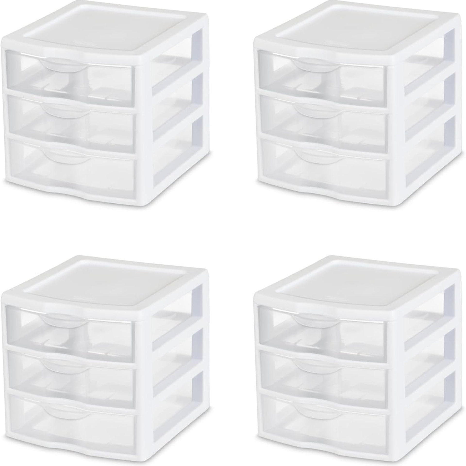 Sterilite 4-Pack 3 Drawer Unit, Plastic Desktop Organizer with Clear Drawers, White Frame – Stackable Multi-Purpose Storage for Office Supplies, Craft Rooms, Classrooms and Home Organization Sterilite 4-Pack 3 Drawer Unit, Plastic Desktop Organizer with Clear Drawers, White Frame – Stackable Multi-Purpose Storage for Office Supplies, Craft Rooms, Classrooms and Home Organization
