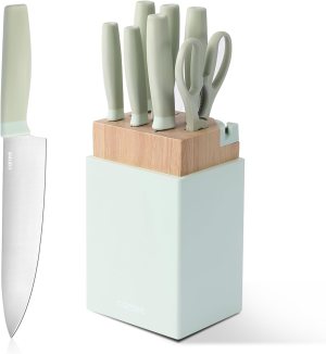 CAROTE Kitchen Knife Set with Block and Sharpener, Dishwasher Safe Knife Block Set 9Pcs, Forged Cutlery with Razor-Sharp Stainless Steel Blades, Green