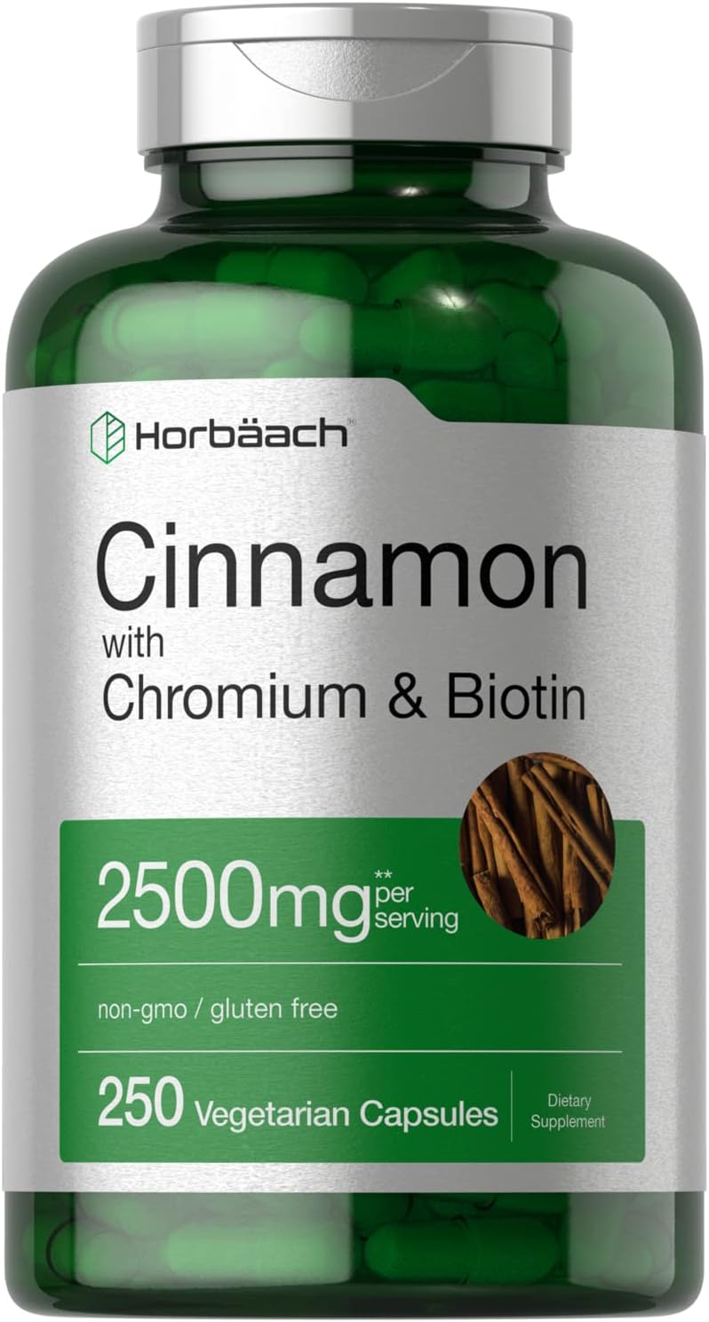 Horbäach Cinnamon with Chromium Picolinate 2500mg | 250 Capsules | Plus Biotin | Vegetarian, Non-GMO, Gluten Free Horbäach Cinnamon with Chromium Picolinate 2500mg | 250 Capsules | Plus Biotin | Vegetarian, Non-GMO, Gluten Free