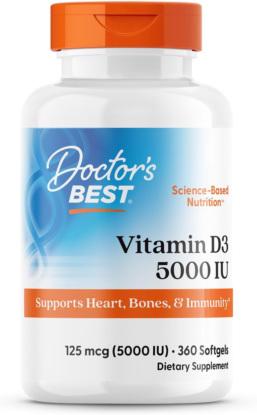 Doctor’s Best Vitamin D3 5,000 IU for Healthy Bones, Teeth, Heart and Immune Support, Non-GMO, Gluten-Free, Soy Free, 360 Count (Pack of 1) Doctor’s Best Vitamin D3 5,000 IU for Healthy Bones, Teeth, Heart and Immune Support, Non-GMO, Gluten-Free, Soy Free, 360 Count (Pack of 1)