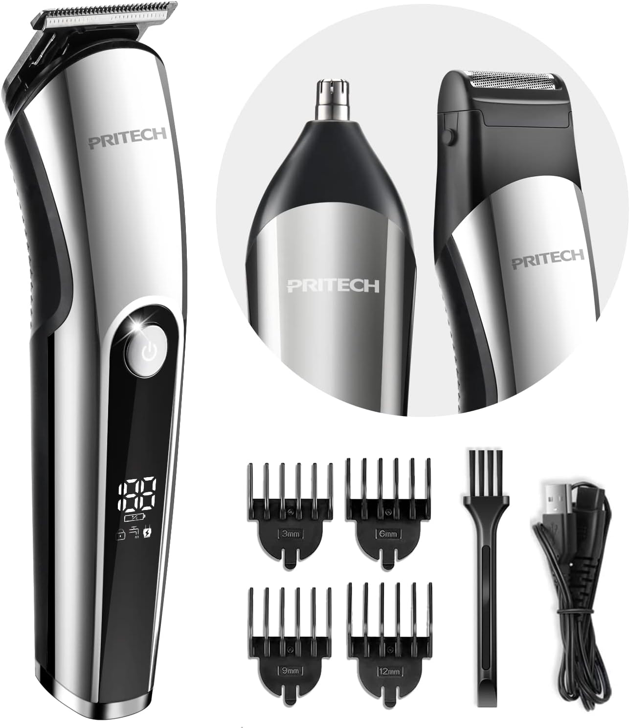 PRITECH Beard Trimmer for Men, 3 in 1 Hair Clippers for Men Kit, Nose,Ear,Micro Electric Shaver, Mens Grooming Set Cordless with LED Display IPX6 Waterproof (Silver) PRITECH Beard Trimmer for Men, 3 in 1 Hair Clippers for Men Kit, Nose,Ear,Micro Electric Shaver, Mens Grooming Set Cordless with LED Display IPX6 Waterproof (Silver)