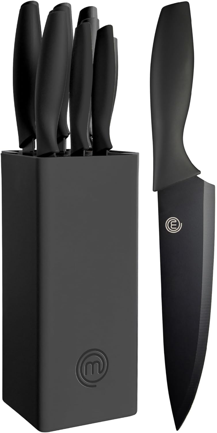MasterChef Knife Set with Block, 6 Kitchen Knives and a Universal Knife Holder, Extra Sharp Stainless Steel Blades for Precise Cutting with Non Stick Coating & Soft Touch Easy Grip Handles, Black MasterChef Knife Set with Block, 6 Kitchen Knives and a Universal Knife Holder, Extra Sharp Stainless Steel Blades for Precise Cutting with Non Stick Coating & Soft Touch Easy Grip Handles, Black
