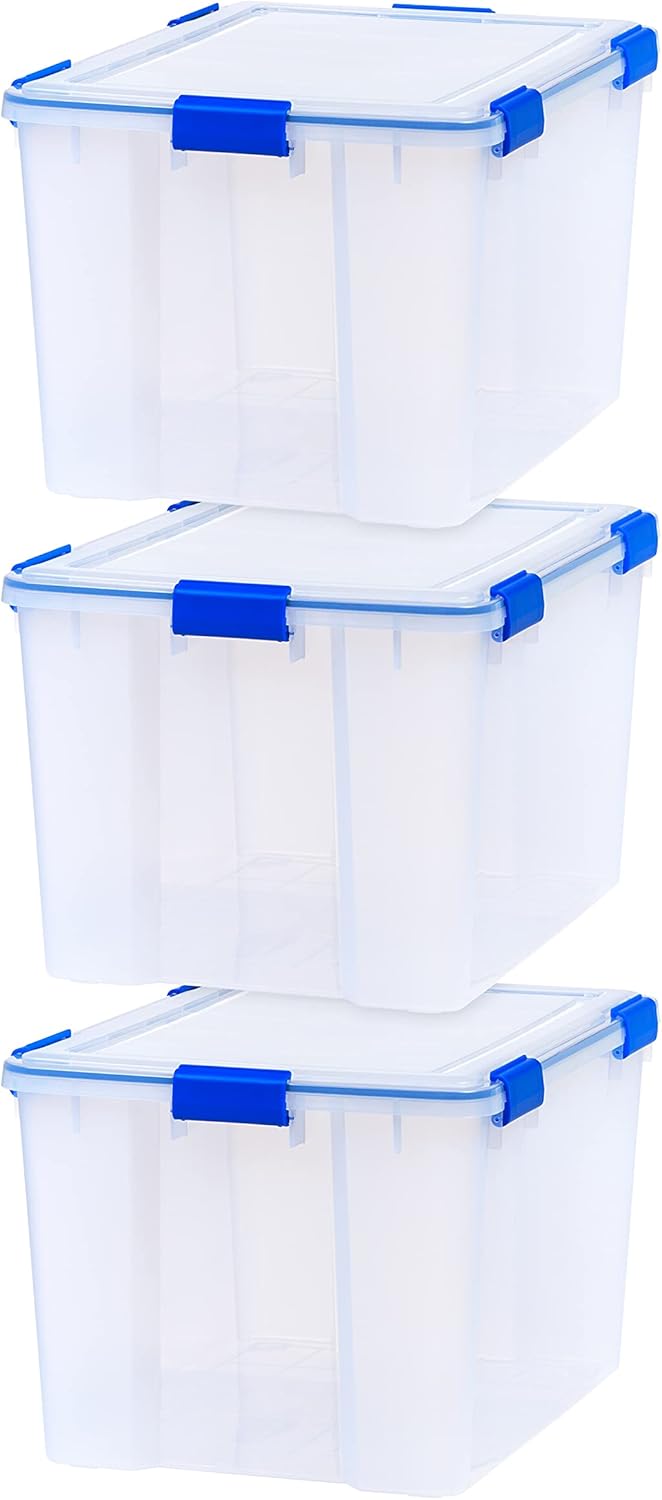 IRIS USA WeatherPro 74 Qt Storage Bins with Lids, 3 Pack, BPA-Free Plastic Gasket Box with Tight Latch and Seal, Stackable Nestable Tote Tub – Clear/Blue IRIS USA WeatherPro 74 Qt Storage Bins with Lids, 3 Pack, BPA-Free Plastic Gasket Box with Tight Latch and Seal, Stackable Nestable Tote Tub – Clear/Blue
