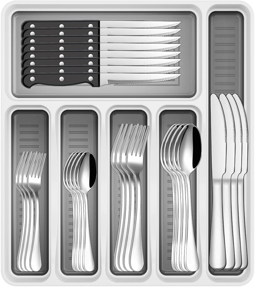 49-Piece Stainless Steel Silverware Set with Cutlery Organizer, Service for 8 with Steak Knives and Kitchen Utensils 49-Piece Stainless Steel Silverware Set with Cutlery Organizer, Service for 8 with Steak Knives and Kitchen Utensils