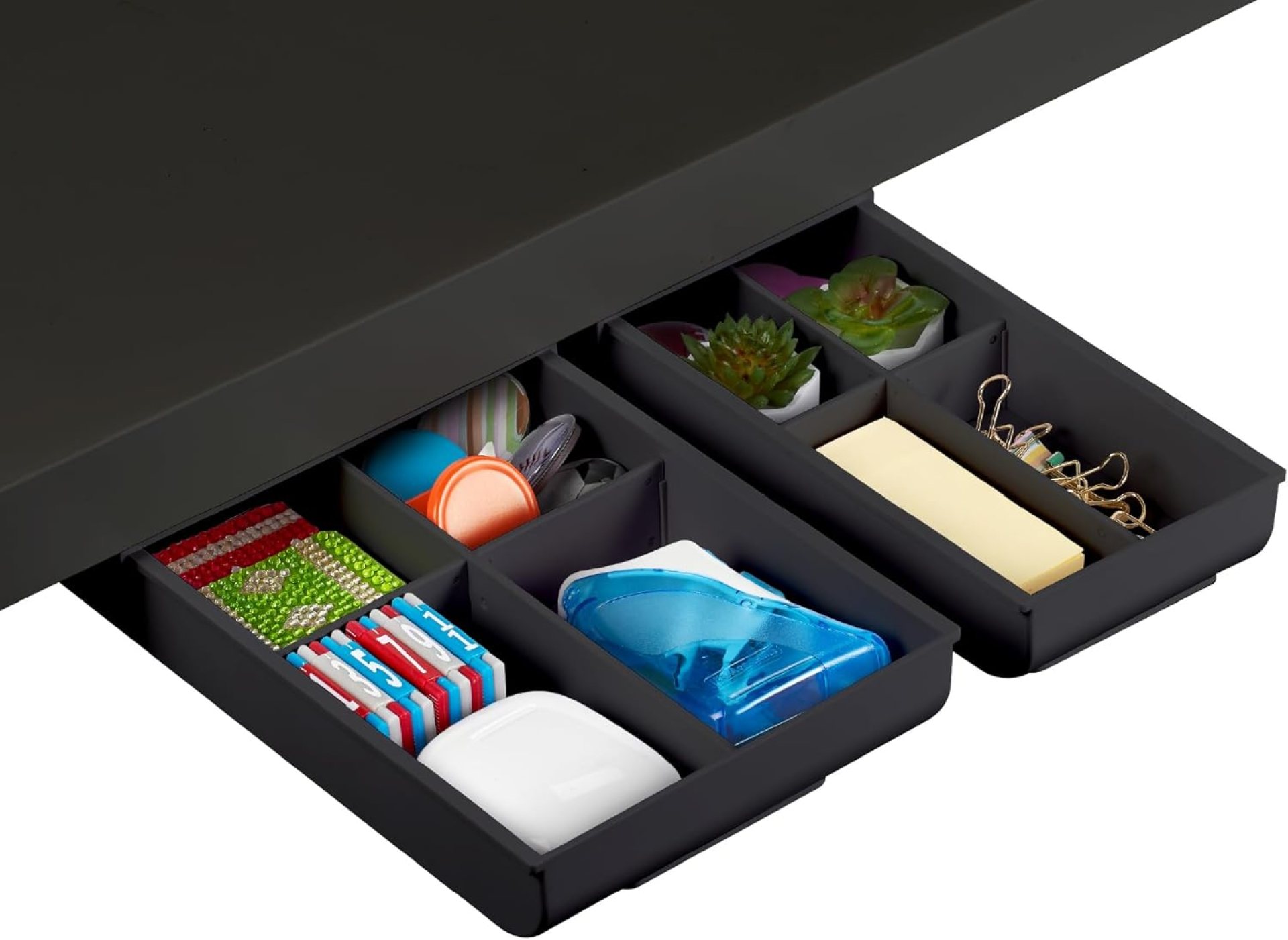 Bostitch Konnect Under Desk Drawer, Self-Adhesive Slide Out Storage Organizer with 4 Customizable Dividers, 2-Pack Bostitch Konnect Under Desk Drawer, Self-Adhesive Slide Out Storage Organizer with 4 Customizable Dividers, 2-Pack