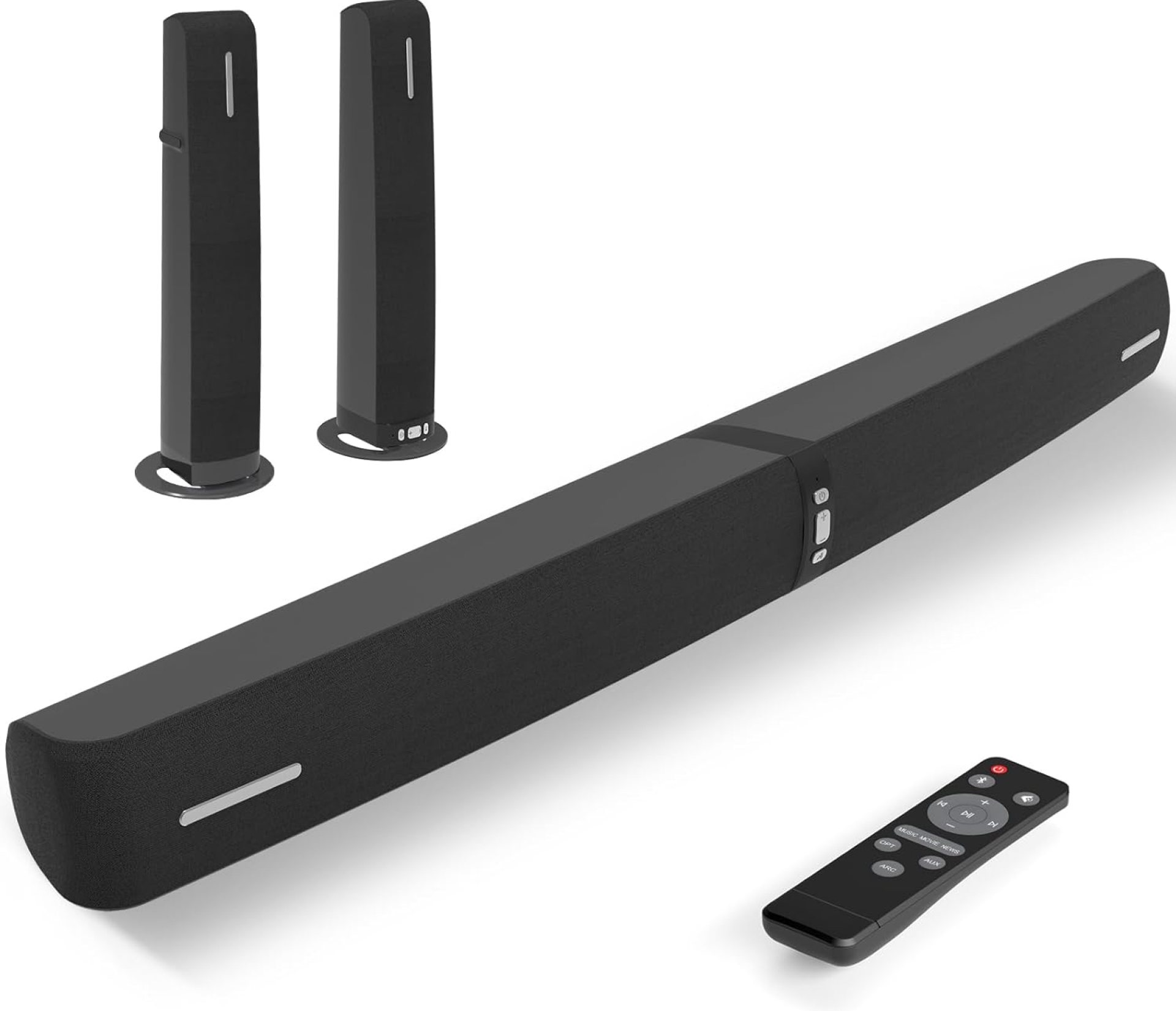 Sound Bar for Smart TV,90W Soundbar with Bluetooth/ARC/Optical/AUX Connect, Auto Volume Boost, 3 Customizable Equalizer Modes, 2 in 1 Detachable Soundbar for TV/PC/Gaming/Projectors Sound Bar for Smart TV,90W Soundbar with Bluetooth/ARC/Optical/AUX Connect, Auto Volume Boost, 3 Customizable Equalizer Modes, 2 in 1 Detachable Soundbar for TV/PC/Gaming/Projectors
