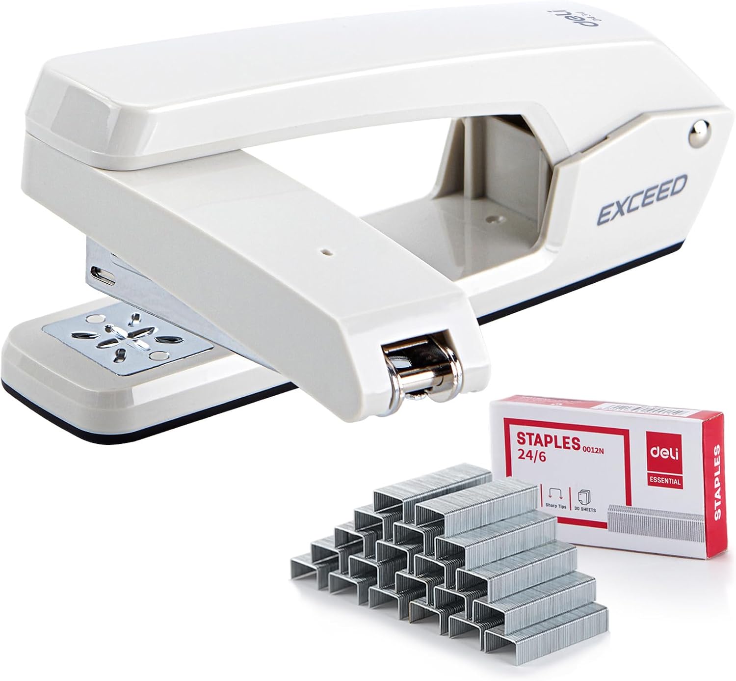 Deli/EZWORK Swing-Arm Swivel Stapler, 25 Sheets Capacity, 360 Degree Rotate Desk Staplers with 1000 Staples for Booklet or Book Binding, White Deli/EZWORK Swing-Arm Swivel Stapler, 25 Sheets Capacity, 360 Degree Rotate Desk Staplers with 1000 Staples for Booklet or Book Binding, White