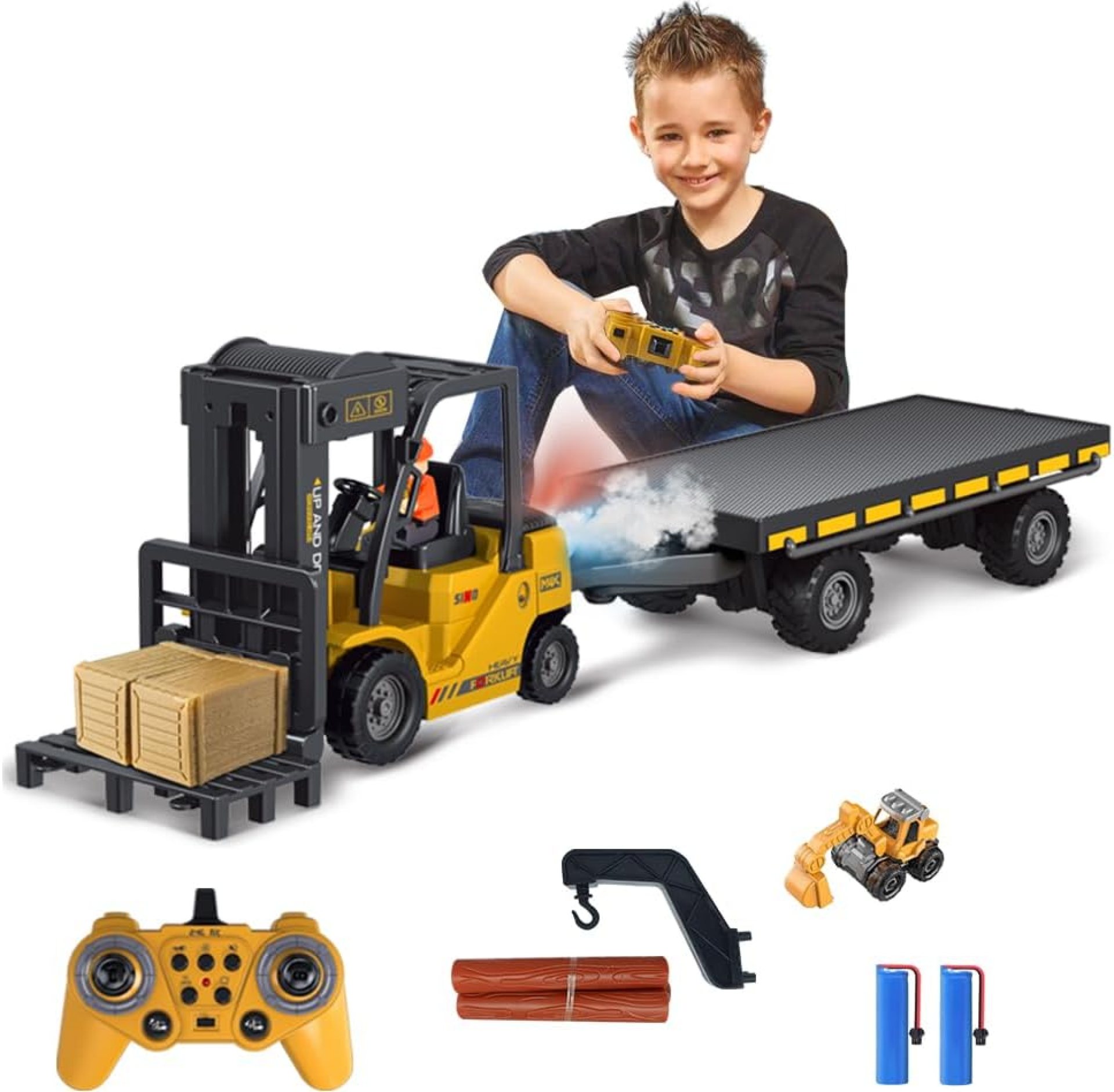 Remote Control Forklift with Flatbed Truck, 11 Channel RC Forklifts with Spray, Cool Lights & Sound, 2 in 1 Lift Fork & Hook, Crane Construction Toys for Boys, Birthday Gift for Kids 3+ Remote Control Forklift with Flatbed Truck, 11 Channel RC Forklifts with Spray, Cool Lights & Sound, 2 in 1 Lift Fork & Hook, Crane Construction Toys for Boys, Birthday Gift for Kids 3+