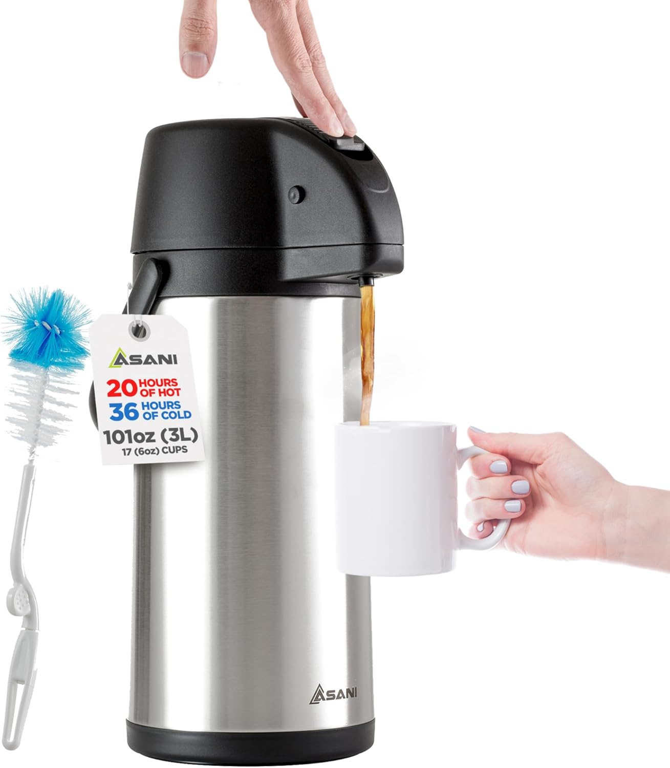 Asani Thermal Coffee Airpot Carafe (101oz) | 17-Cup Insulated Thermos with Pump Beverage Dispenser | 20-Hour Hot and Cold Insulation | Stainless Steel Urn for Tea, Water, Coffee, Iced Drinks Asani Thermal Coffee Airpot Carafe (101oz) | 17-Cup Insulated Thermos with Pump Beverage Dispenser | 20-Hour Hot and Cold Insulation | Stainless Steel Urn for Tea, Water, Coffee, Iced Drinks