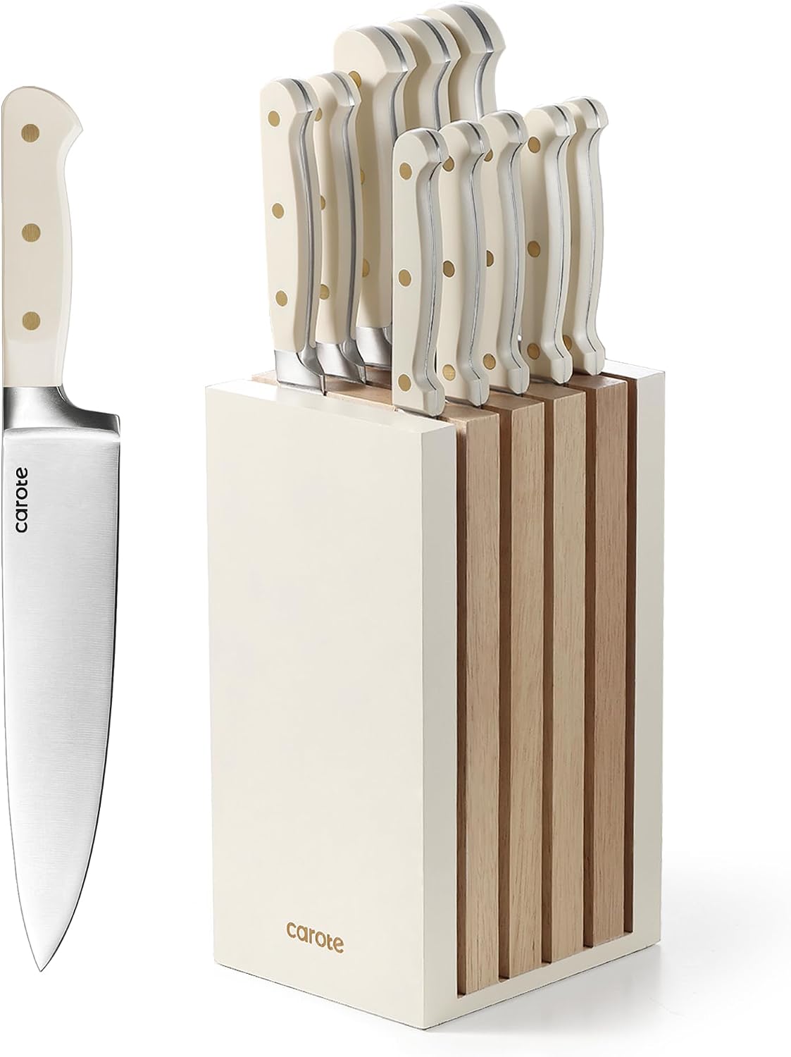 CAROTE 11 Pieces Knife Set with Block for kitchen, Stainless Steel Razor-Sharp Blade, Triple Riveted Ergonomic Handle, Wooden Magnetic Block, Essential Knife Block Set, Beige CAROTE 11 Pieces Knife Set with Block for kitchen, Stainless Steel Razor-Sharp Blade, Triple Riveted Ergonomic Handle, Wooden Magnetic Block, Essential Knife Block Set, Beige