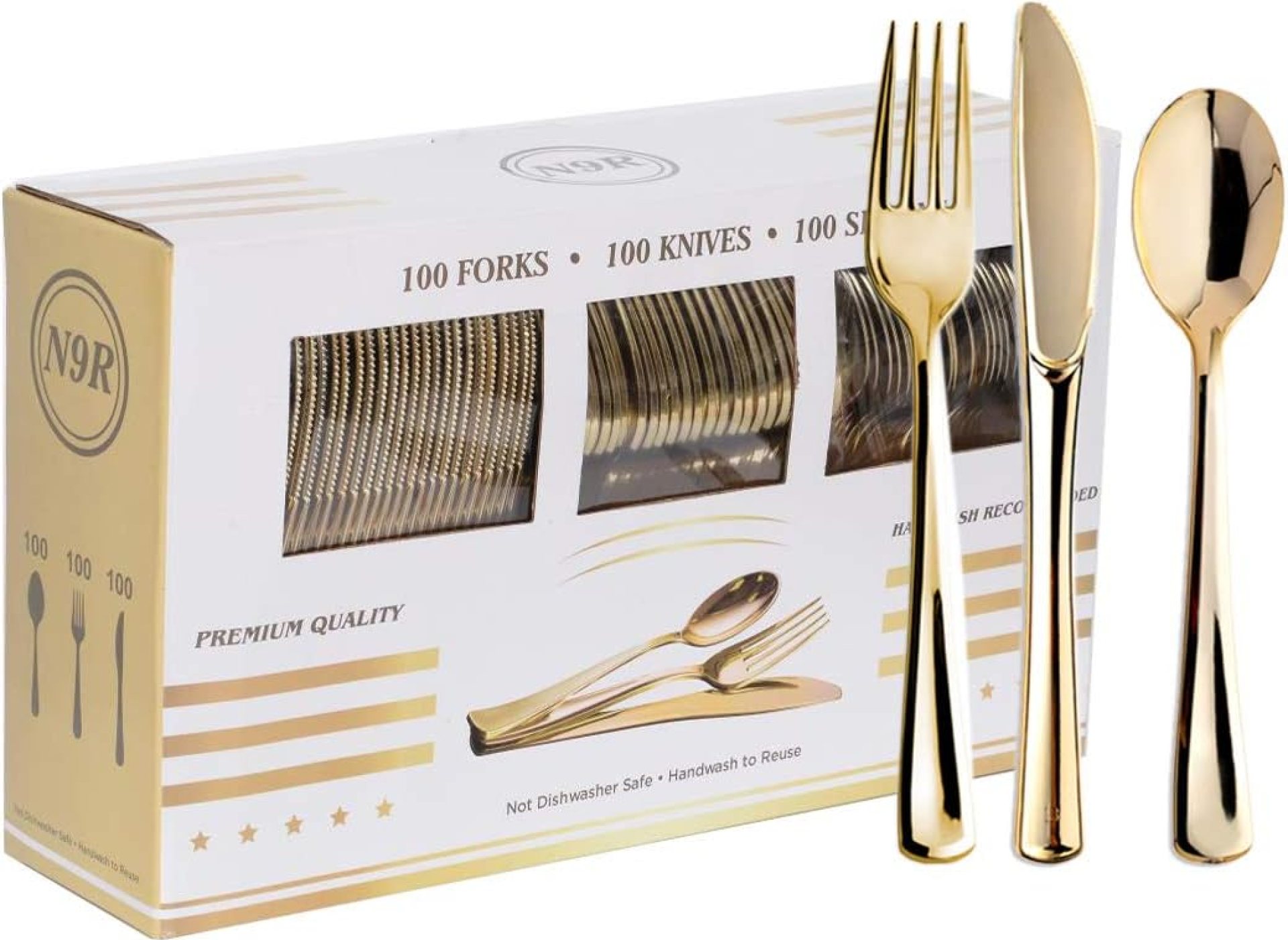 N9R 300PCS Gold Plastic Silverware, Heavy Duty Gold Plastic Cutlery Set Disposable Flatware Dinnerware, 100 Forks, 100 Spoons, 100 Knives, Perfect for Party, Wedding and Daily Use N9R 300PCS Gold Plastic Silverware, Heavy Duty Gold Plastic Cutlery Set Disposable Flatware Dinnerware, 100 Forks, 100 Spoons, 100 Knives, Perfect for Party, Wedding and Daily Use