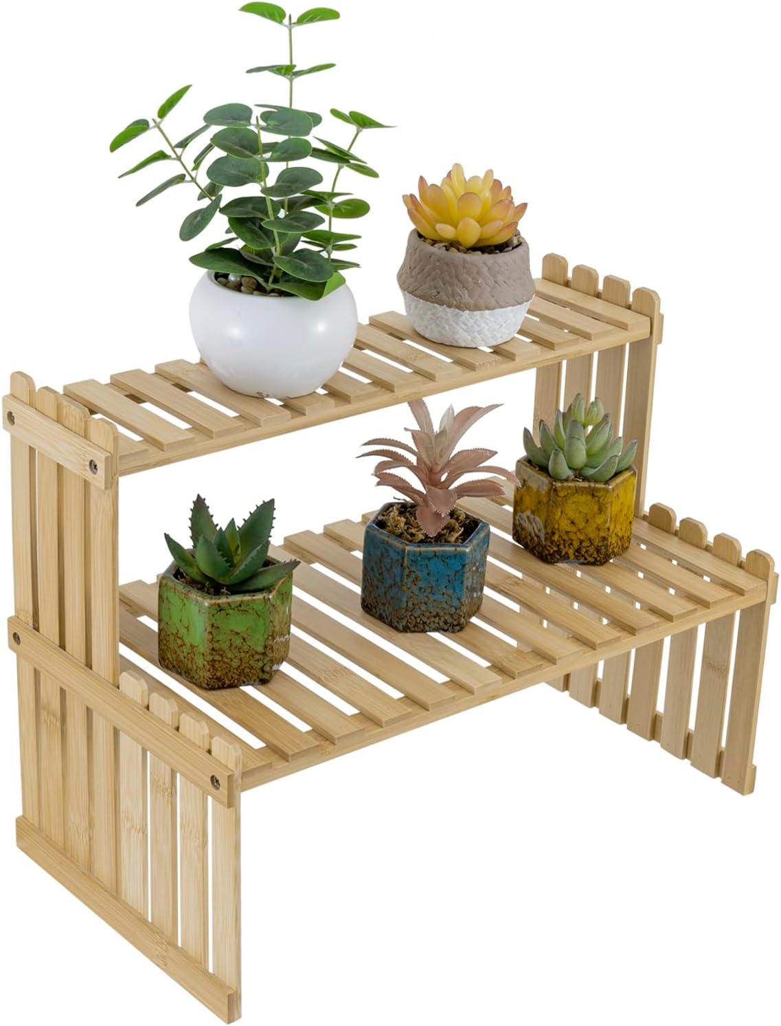 MyGift Natural Bamboo Indoor Plant Stand for Desk, 2 Tier Desktop Shelf Organizer Rack with 2 Slatted Shelves MyGift Natural Bamboo Indoor Plant Stand for Desk, 2 Tier Desktop Shelf Organizer Rack with 2 Slatted Shelves
