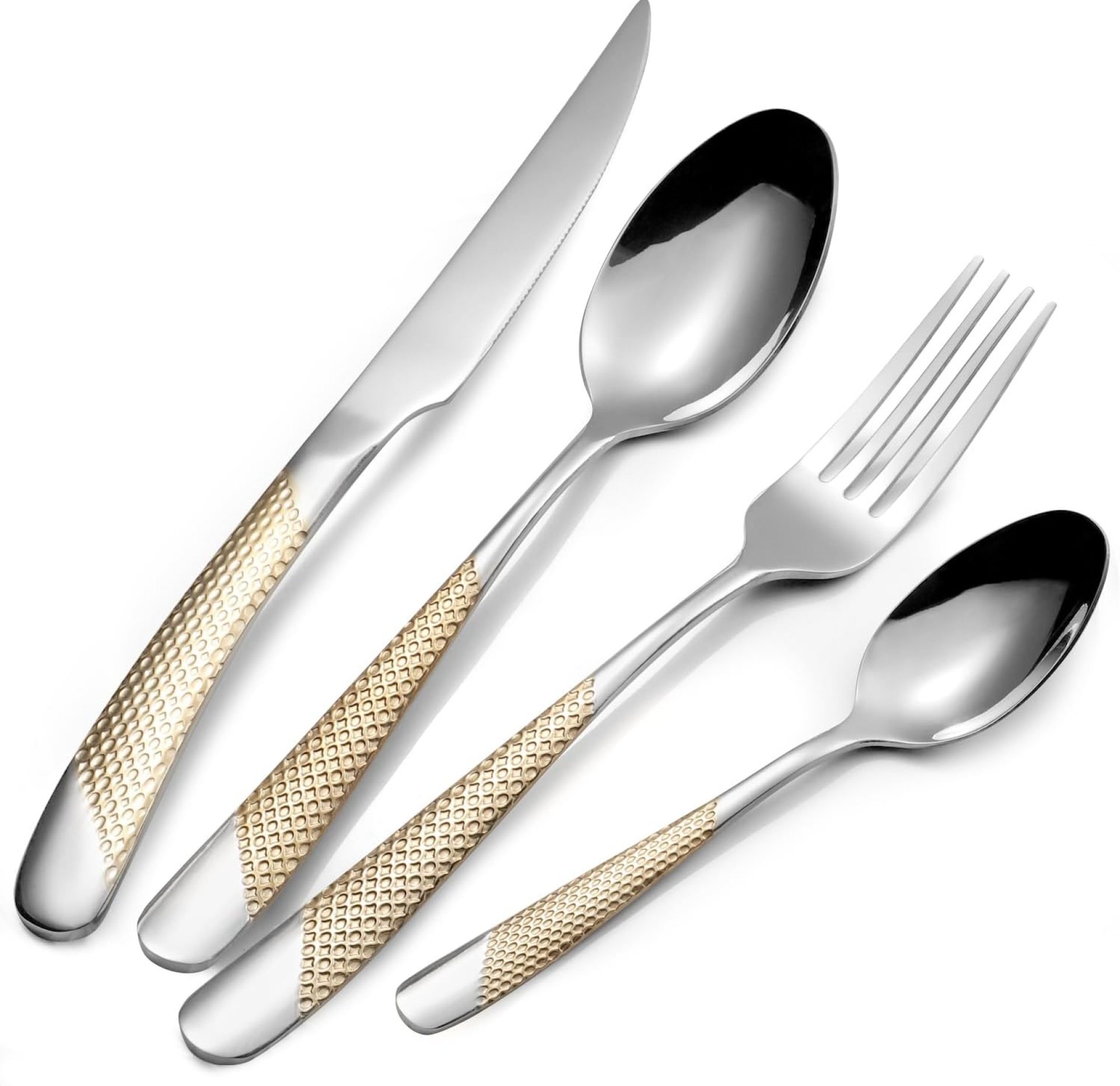 24 Piece Gold Hammered Silverware Set for 6, Premium Food-grade Stainless Steel Flatware Set, Luxury Design & Mirror Polished Cutlery Set, Eating Utensil Set with Fork Knife Spoon, Dishwasher Safe 24 Piece Gold Hammered Silverware Set for 6, Premium Food-grade Stainless Steel Flatware Set, Luxury Design & Mirror Polished Cutlery Set, Eating Utensil Set with Fork Knife Spoon, Dishwasher Safe