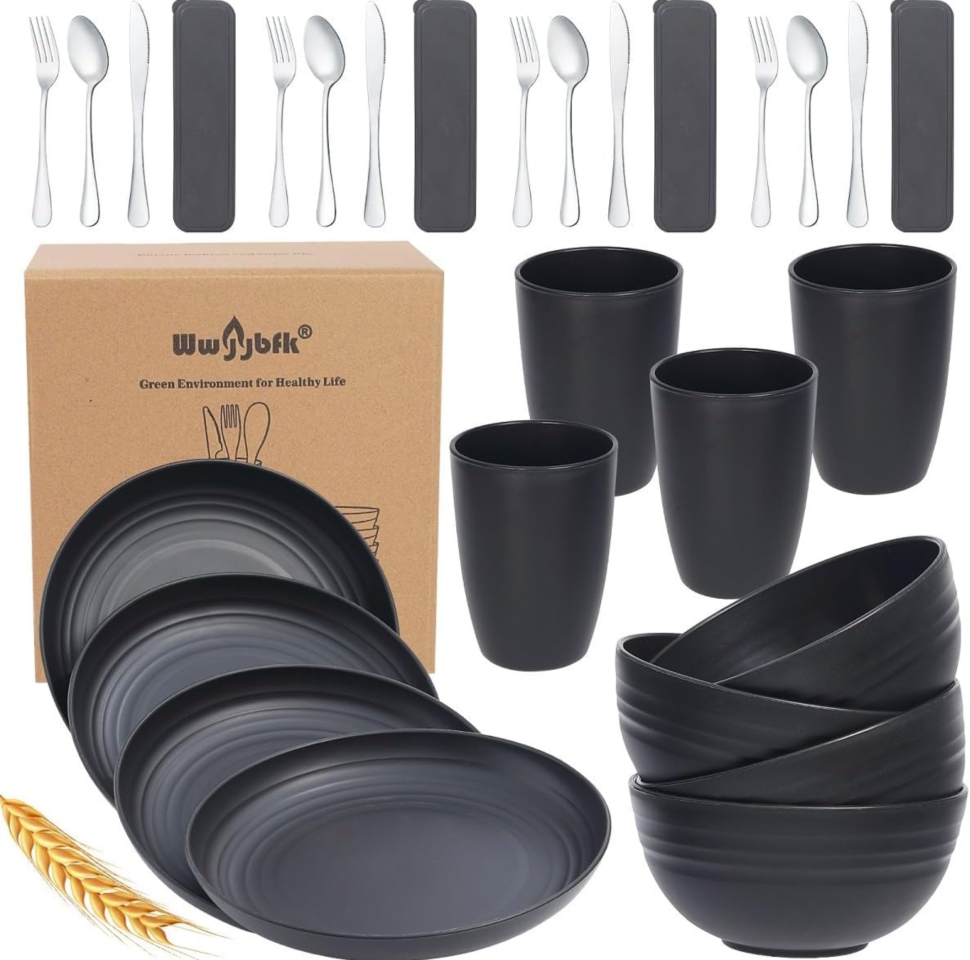 28PCS Wheat Straw Dinnerware Sets for 4, Kitchen Wheat Straw Plates and Bowls Sets, College Dorm Dinnerware Dishes Set for 4 with Cutlery Set (Black) 28PCS Wheat Straw Dinnerware Sets for 4, Kitchen Wheat Straw Plates and Bowls Sets, College Dorm Dinnerware Dishes Set for 4 with Cutlery Set (Black)