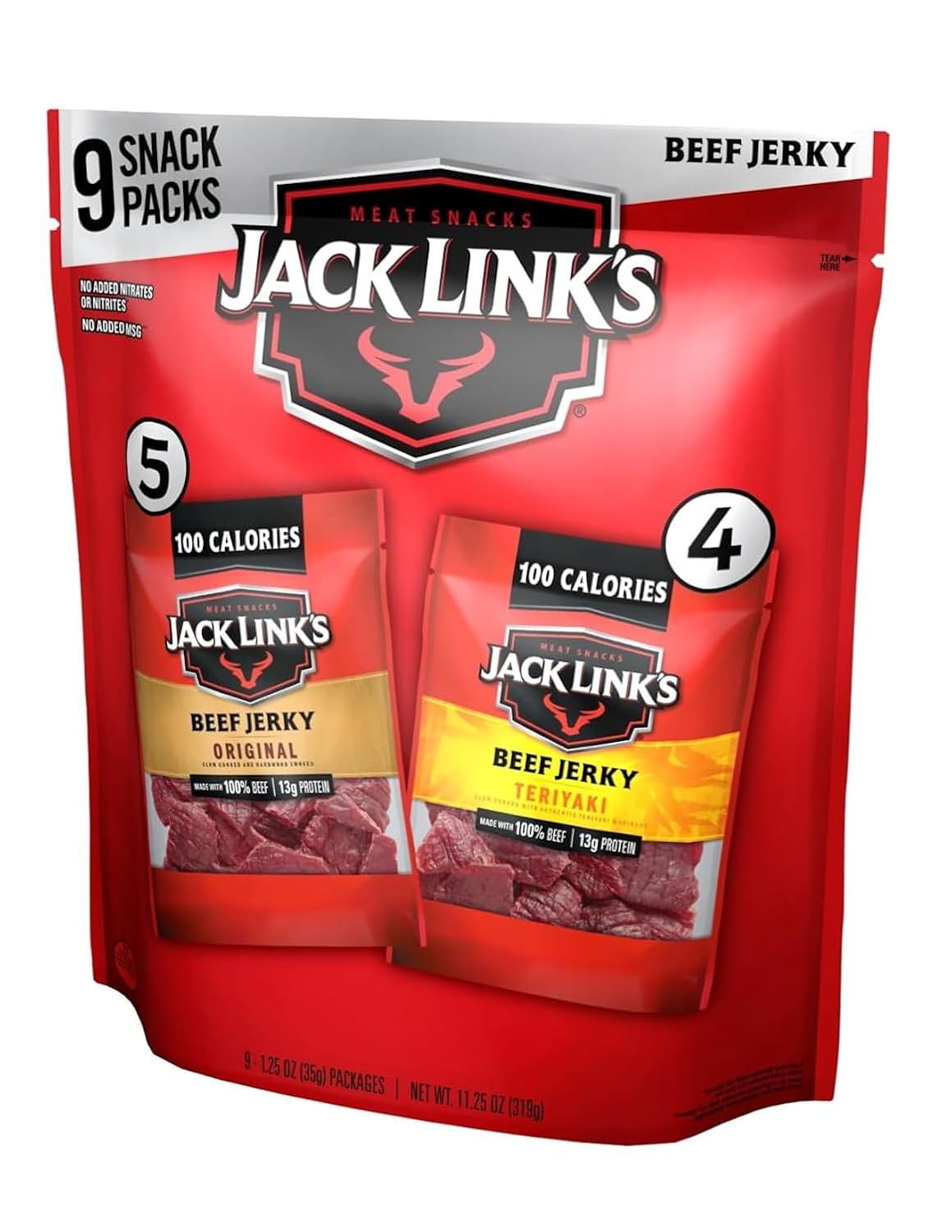 Jack Link’s Beef Jerky Variety Pack – Includes Original and Teriyaki Jerky, Bulk Protein Snack Pack, Good Source of Protein, Meat Snacks Made with 100% Beef, Individual Bags – 1.25 Oz (Pack of 9) Jack Link’s Beef Jerky Variety Pack – Includes Original and Teriyaki Jerky, Bulk Protein Snack Pack, Good Source of Protein, Meat Snacks Made with 100% Beef, Individual Bags – 1.25 Oz (Pack of 9)