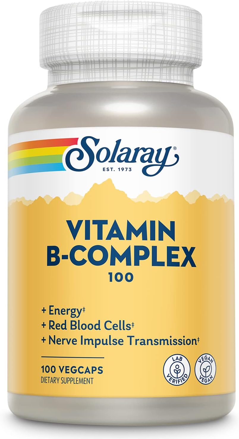 SOLARAY Vitamin B Complex, Healthy Energy Supplement, Red Blood Cell Formation, Nerve & Immune Support, Super B Complex Vitamins with Folic Acid, Vitamin B12, Vitamin B6 & More, Vegan, 100 VegCaps SOLARAY Vitamin B Complex, Healthy Energy Supplement, Red Blood Cell Formation, Nerve & Immune Support, Super B Complex Vitamins with Folic Acid, Vitamin B12, Vitamin B6 & More, Vegan, 100 VegCaps
