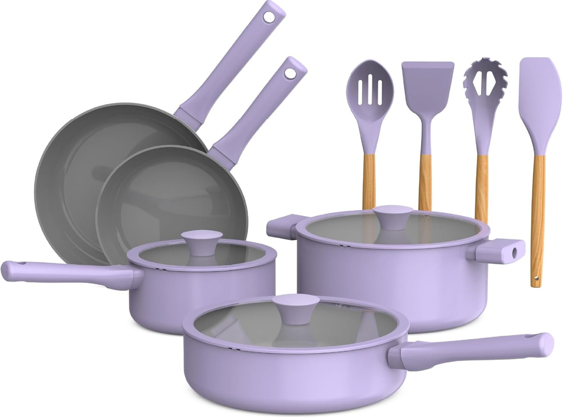 So Yummy by bella 12 Piece Cookware Set w EverGood™ Ceramic Nonstick Coating and Silicone & Wood Utensils, Dishwasher Safe Silicone & Glass Lids, Oven Safe & All Stovetop Compatible, Lavender So Yummy by bella 12 Piece Cookware Set w EverGood™ Ceramic Nonstick Coating and Silicone & Wood Utensils, Dishwasher Safe Silicone & Glass Lids, Oven Safe & All Stovetop Compatible, Lavender