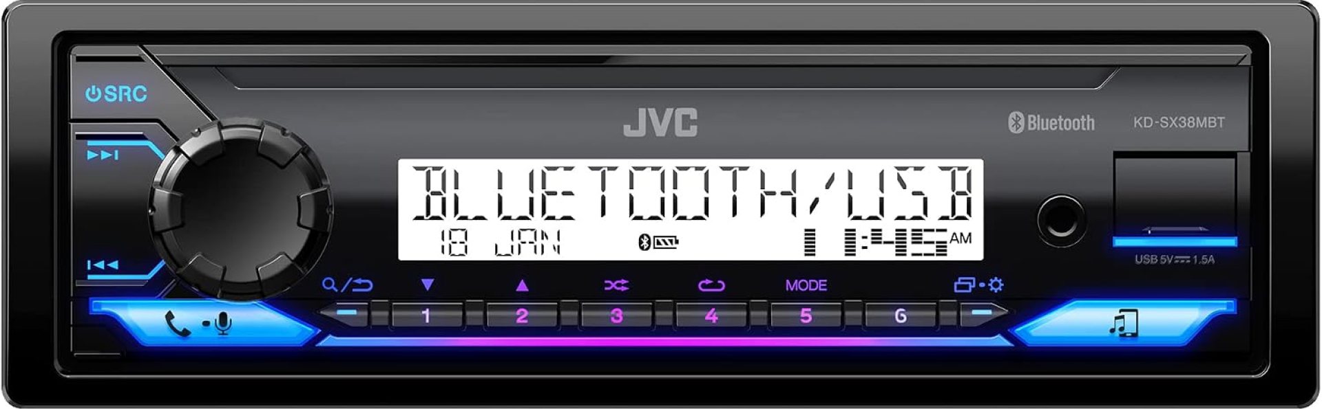 JVC KD-SX38MBT Car Stereo with Bluetooth, 4-Ch Marine Radio Receiver, AM/FM Single Din Radio, Aux-in, USB, Streaming, RGB Illumination, Use as in-Dash ATV, Truck Radio or Boat Stereo JVC KD-SX38MBT Car Stereo with Bluetooth, 4-Ch Marine Radio Receiver, AM/FM Single Din Radio, Aux-in, USB, Streaming, RGB Illumination, Use as in-Dash ATV, Truck Radio or Boat Stereo